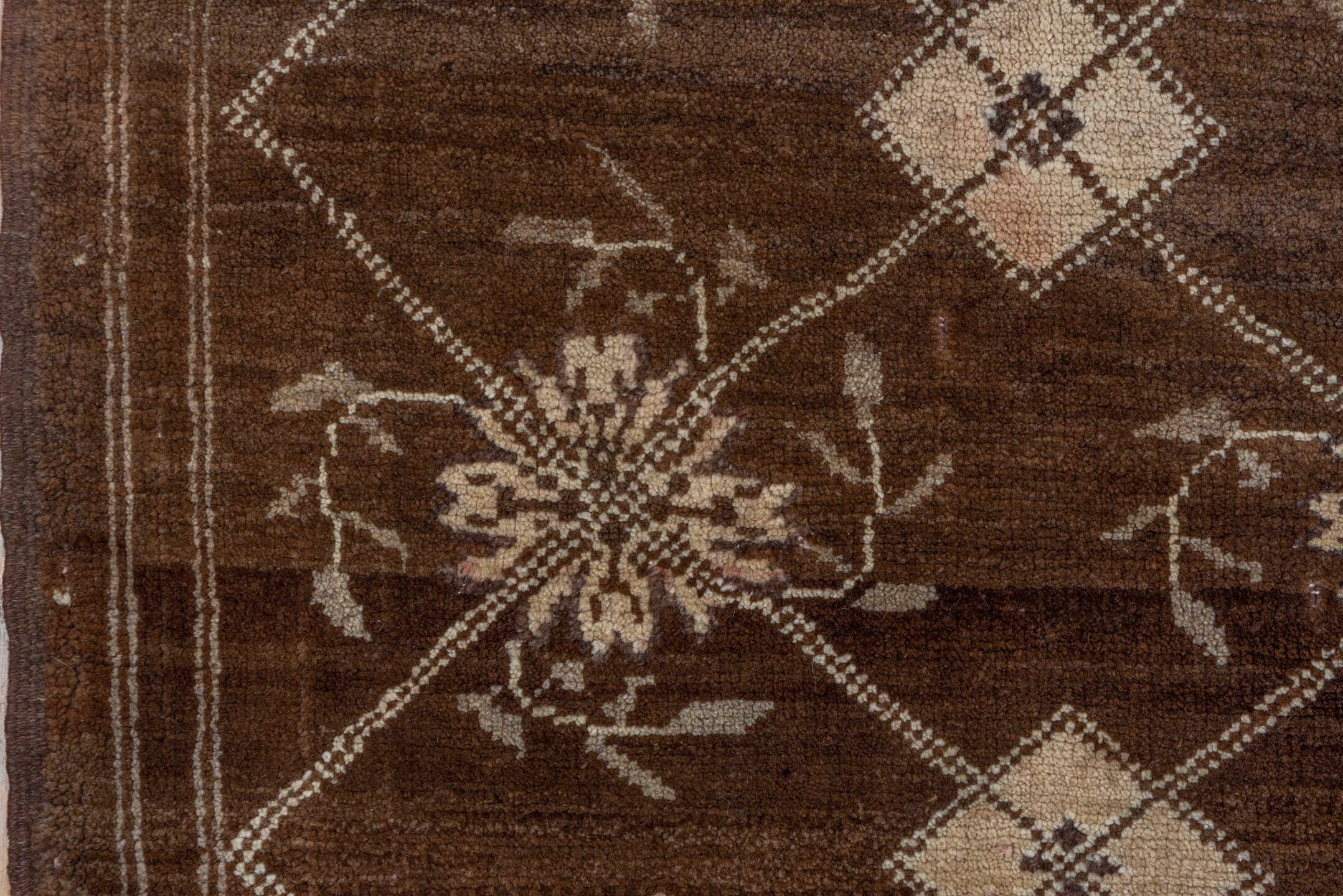 7' x 9' one-of-a-kind handmade vintage Kars rug. Color palette: brown, ivory, taupe, camel, charcoal, beige, gray, black
