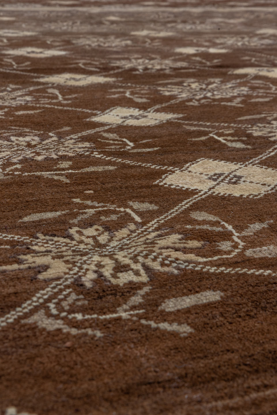 7' x 9' one-of-a-kind handmade vintage Kars rug. Color palette: brown, ivory, taupe, camel, charcoal, beige, gray, black