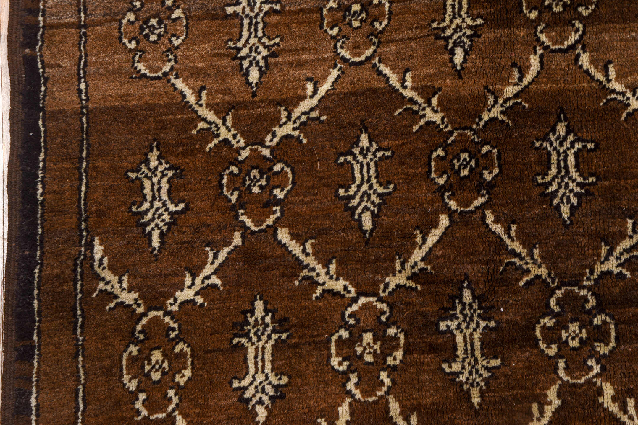 7' x 9' one-of-a-kind handmade vintage Kars rug. Color palette: brown, gray, light gray, off-white, pink