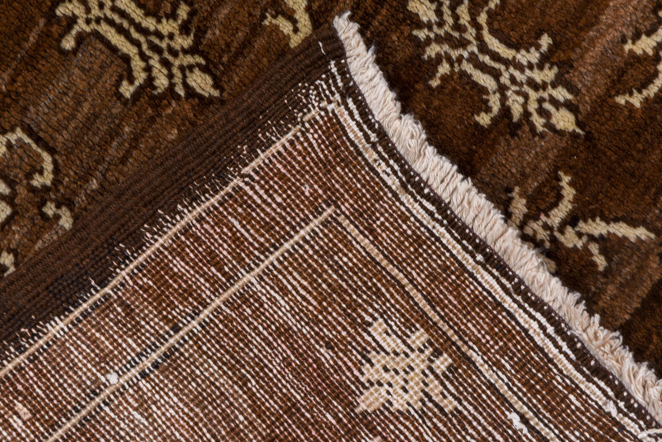 7' x 9' one-of-a-kind handmade vintage Kars rug. Color palette: brown, gray, light gray, off-white, pink