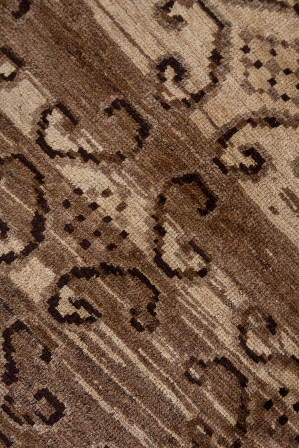 7' x 9' one-of-a-kind handmade vintage Oushak rug. Color palette: taupe, brown, ivory, camel, charcoal, beige, gray, black