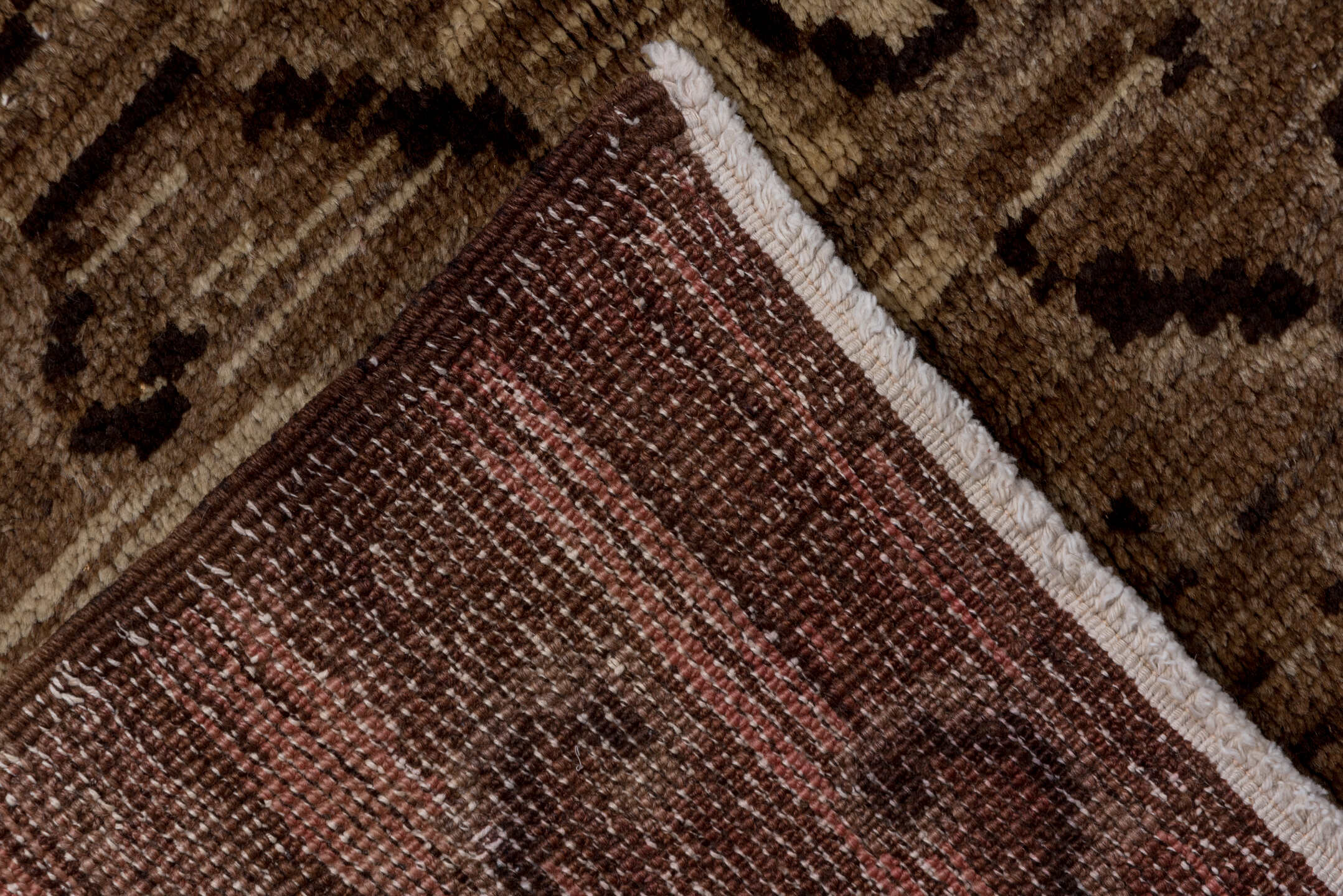 7' x 9' one-of-a-kind handmade vintage Oushak rug. Color palette: taupe, brown, ivory, camel, charcoal, beige, gray, black