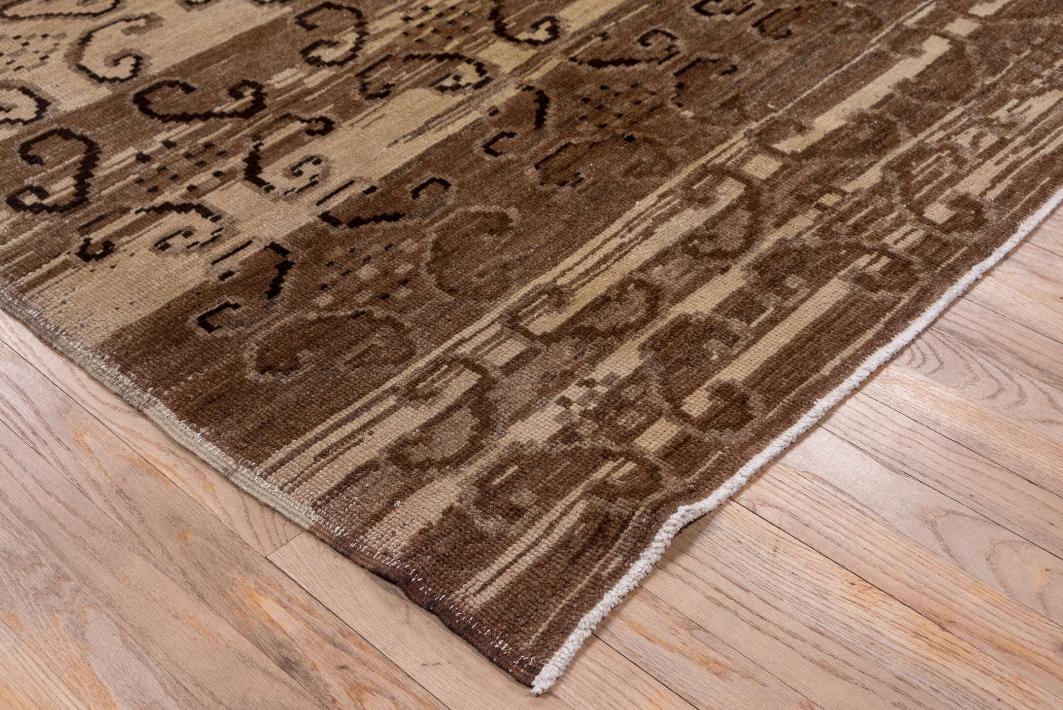 7' x 9' one-of-a-kind handmade vintage Oushak rug. Color palette: brown, gray, light gray, off-white, pink, redwood, silver