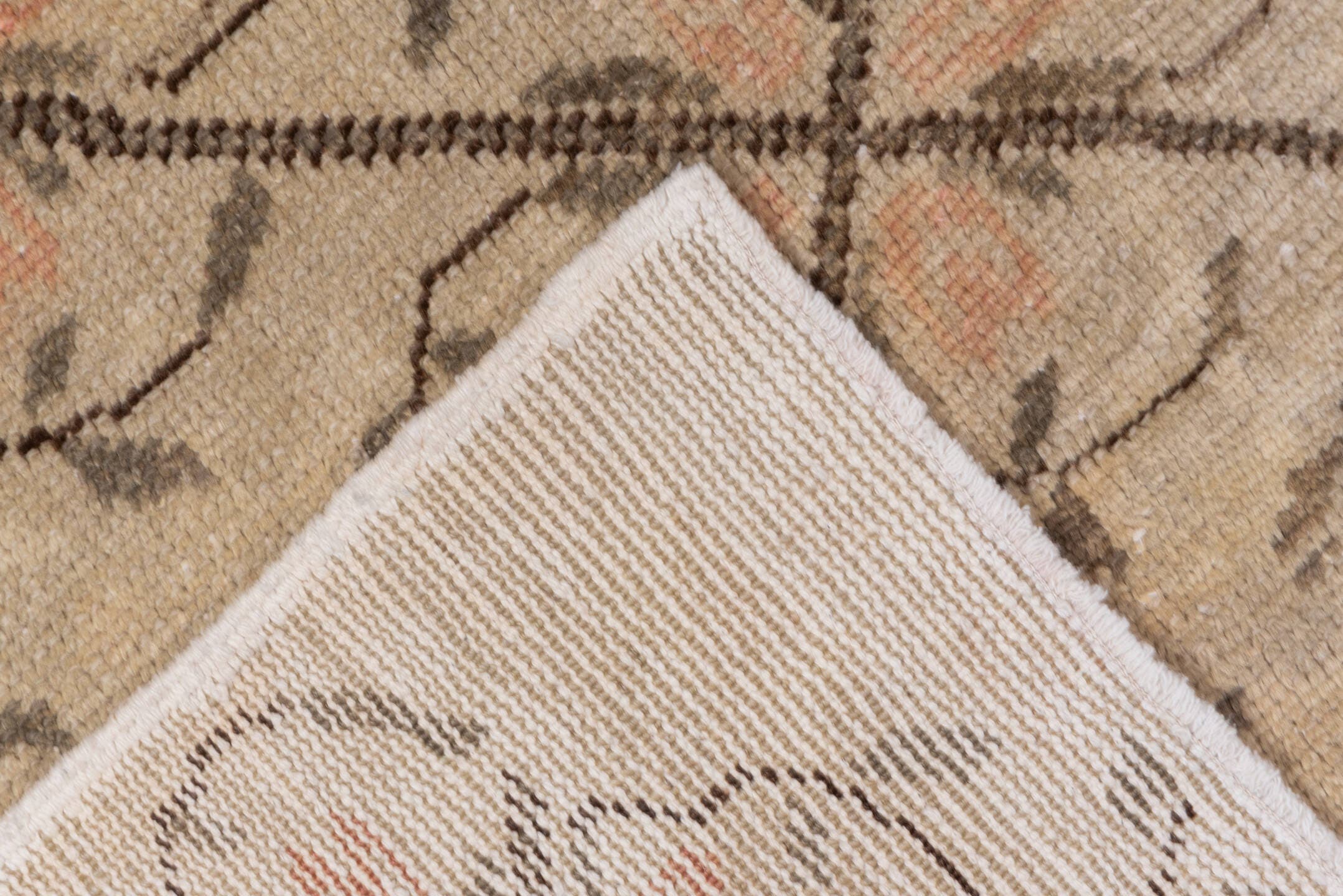5' x 9' one-of-a-kind handmade vintage Oushak medium size rug. Color palette: beige, taupe, ivory, peach, brown, gray