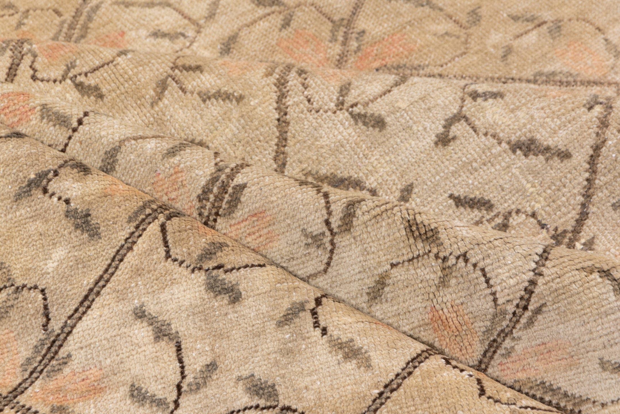 5' x 9' one-of-a-kind handmade vintage Oushak medium size rug. Color palette: beige, taupe, ivory, peach, brown, gray