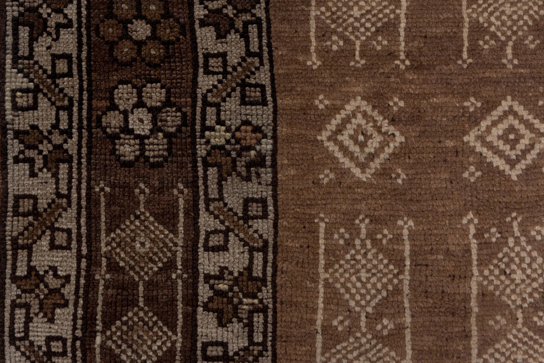 5' x 13' one-of-a-kind handmade vintage Kars runner rug. Color palette: taupe, brown, ivory, charcoal, camel, beige, gray