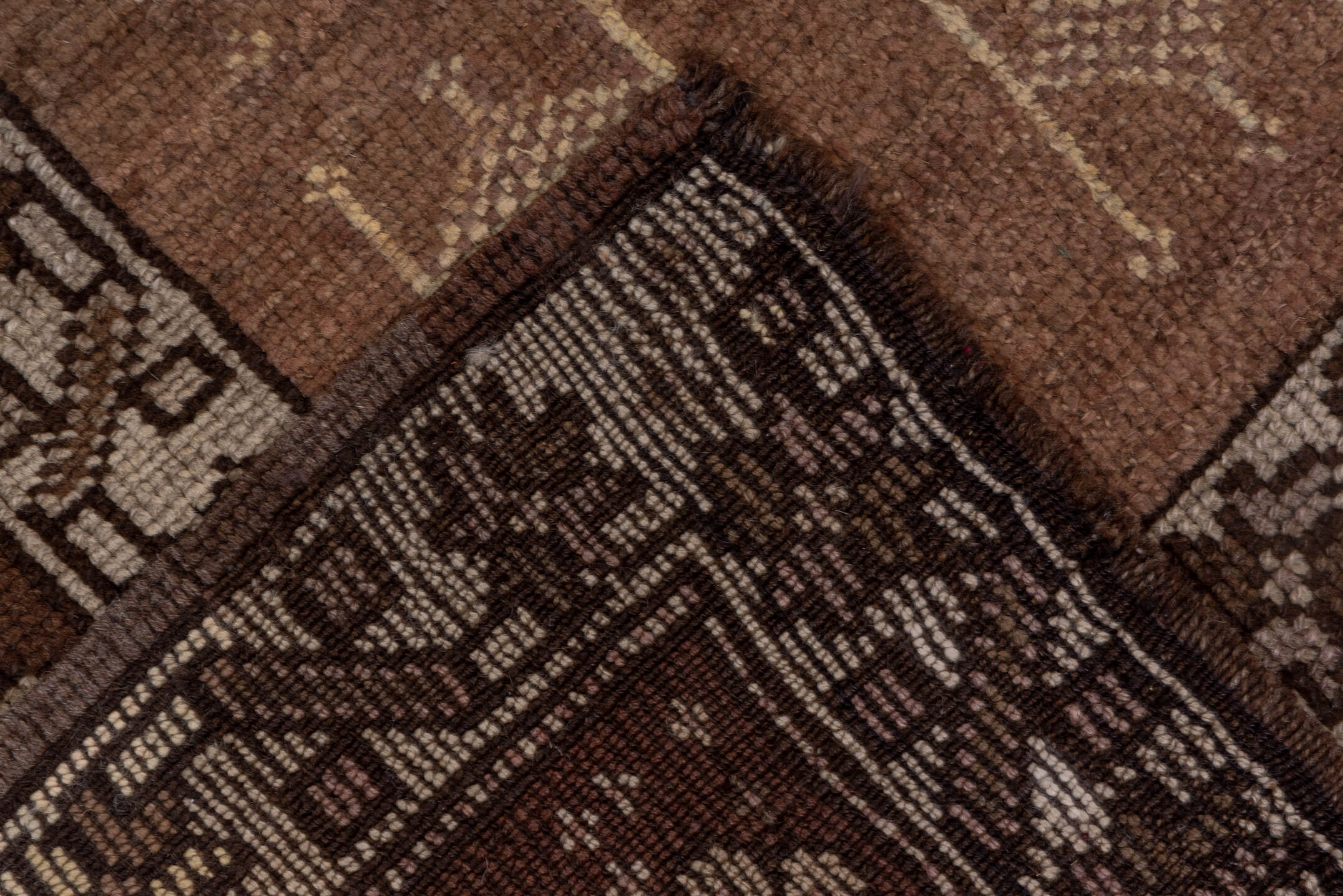 5' x 13' one-of-a-kind handmade vintage Kars runner rug. Color palette: brown, gray, off-white, snow, white, whitesmoke