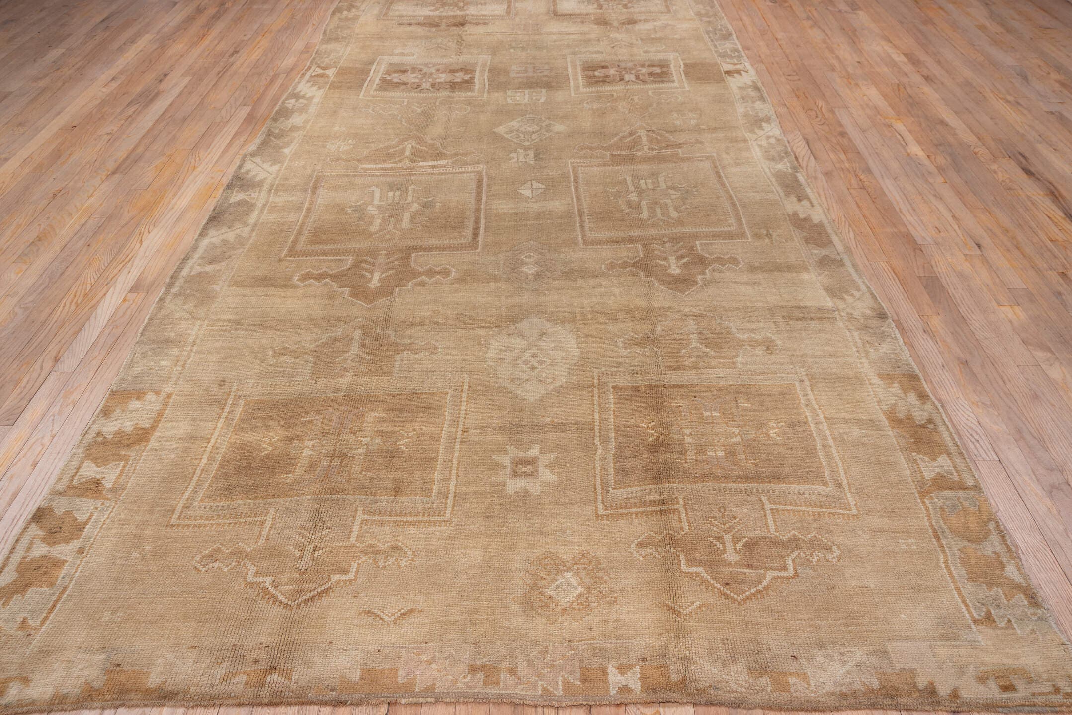 6' x 14' one-of-a-kind handmade vintage Oushak large size rug. Color palette: camel, taupe, beige, ivory, sand, light brown