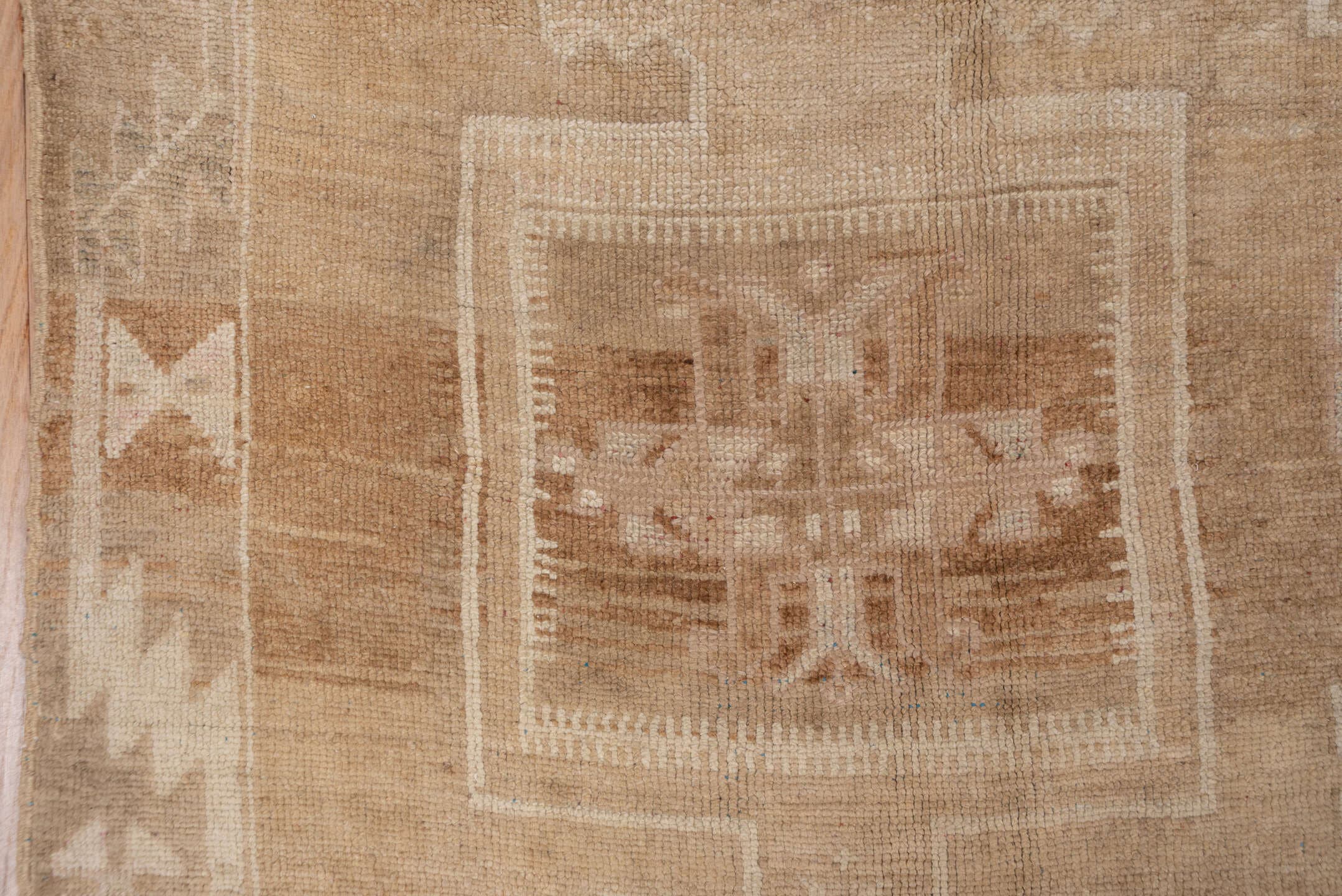 6' x 14' one-of-a-kind handmade vintage Oushak large size rug. Color palette: camel, taupe, beige, ivory, sand, light brown