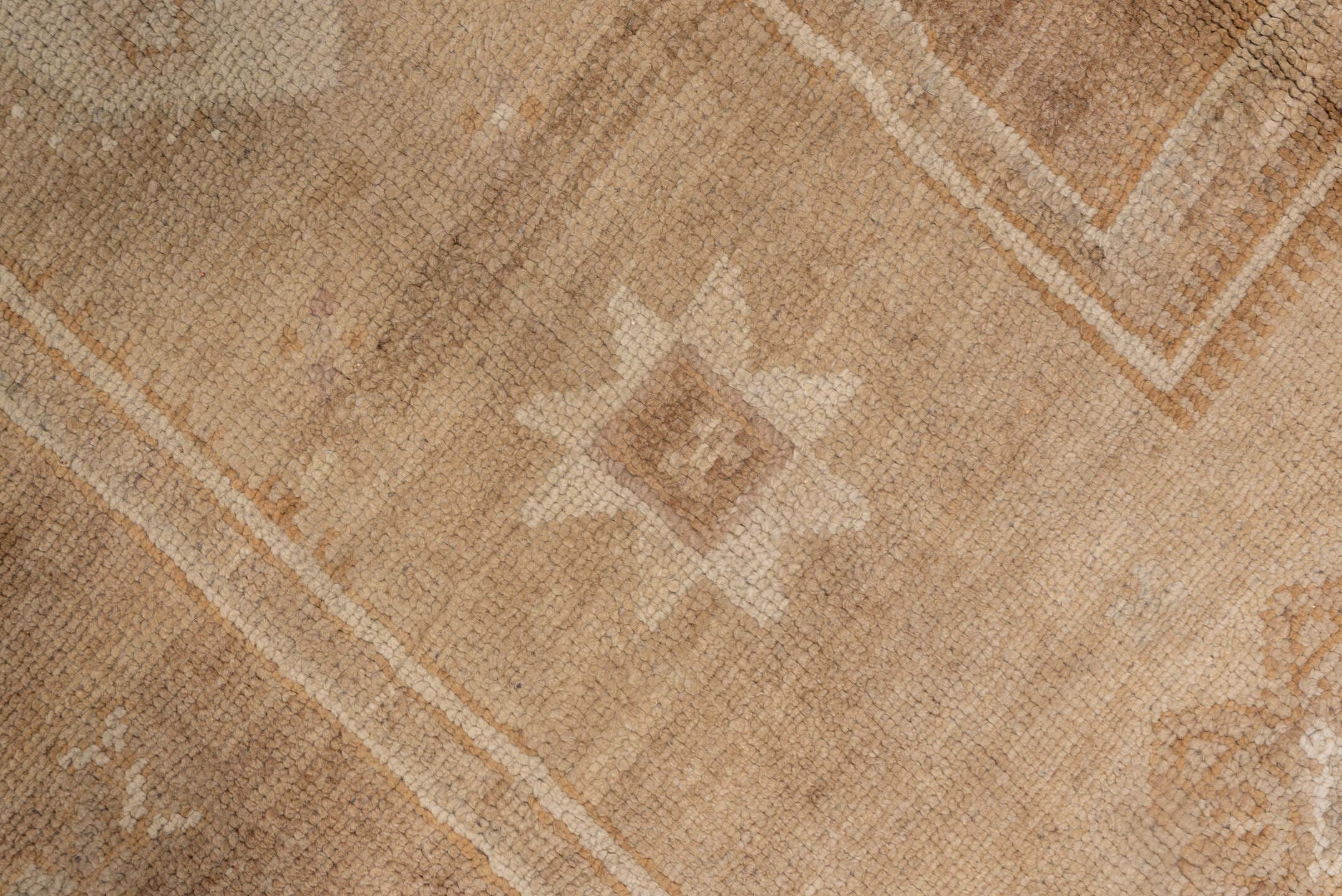 6' x 14' one-of-a-kind handmade vintage Oushak large size rug. Color palette: camel, taupe, beige, ivory, sand, light brown