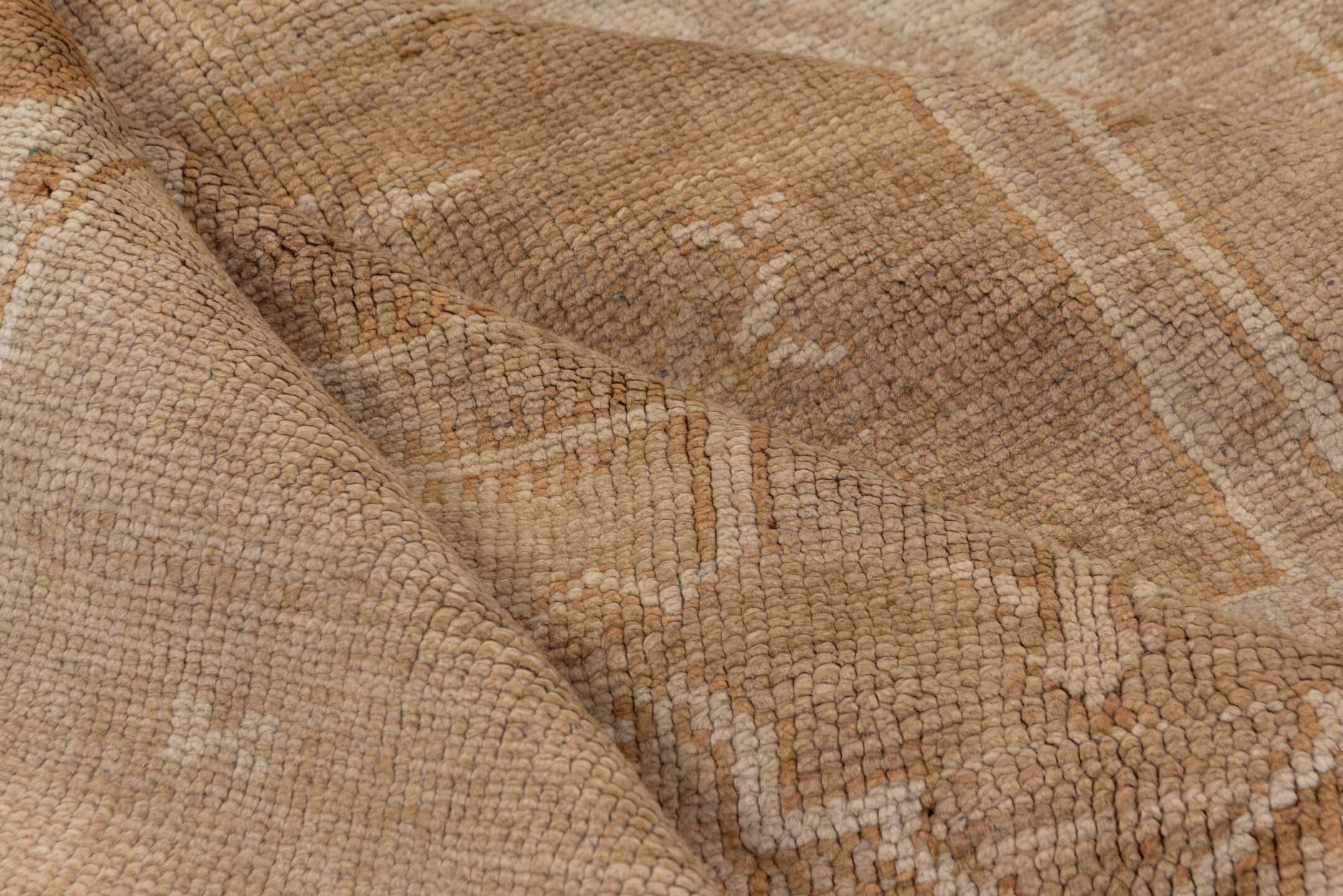 6' x 14' one-of-a-kind handmade vintage Oushak large size rug. Color palette: camel, taupe, beige, ivory, sand, light brown