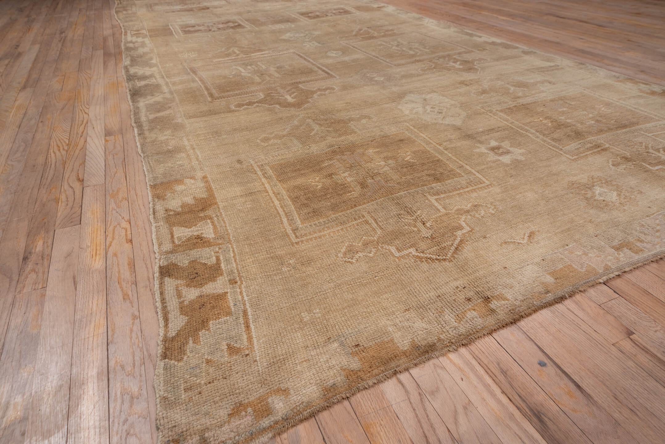 6' x 14' one-of-a-kind handmade vintage Oushak large size rug. Color palette: brown, off-white, orange, pink, tan