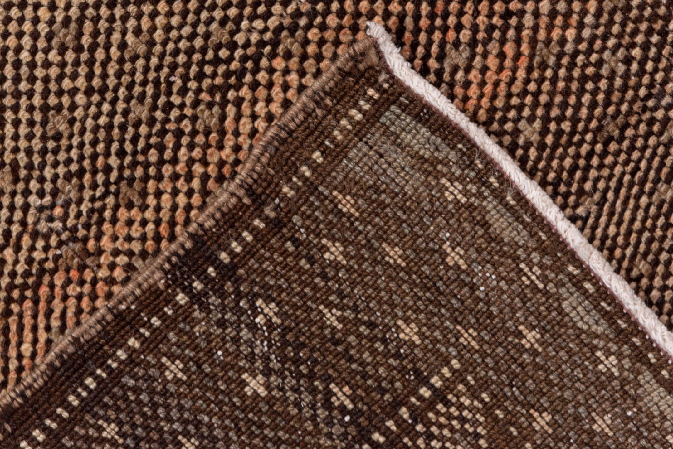5' x 9' one-of-a-kind handmade vintage Oushak medium size rug. Color palette: brown, taupe, camel, ivory, charcoal, beige