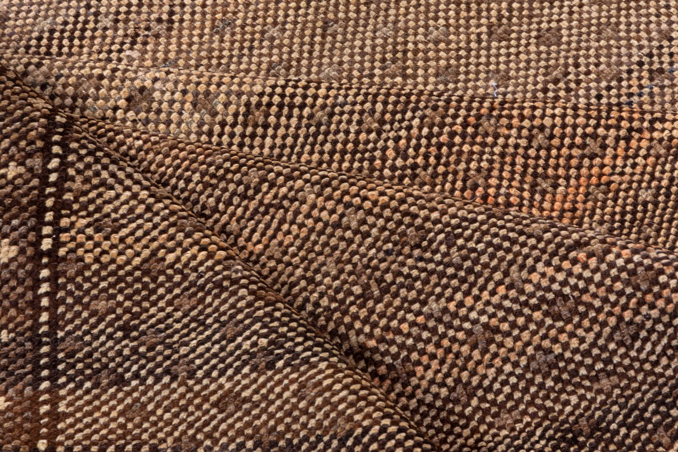5' x 9' one-of-a-kind handmade vintage Oushak medium size rug. Color palette: brown, taupe, camel, ivory, charcoal, beige