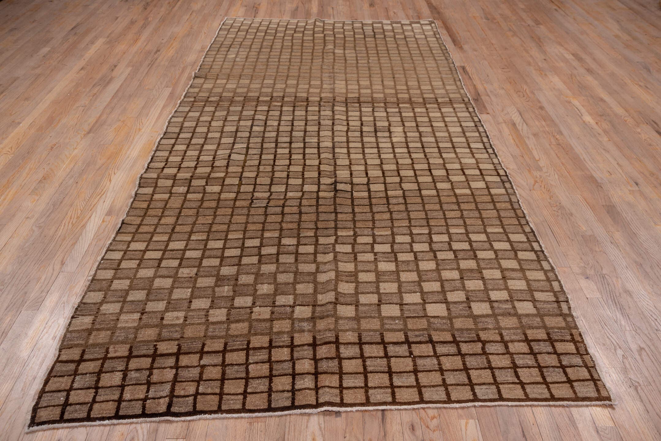 6' x 11' one-of-a-kind handmade vintage Oushak large size rug. Color palette: taupe, brown, camel, beige, gray