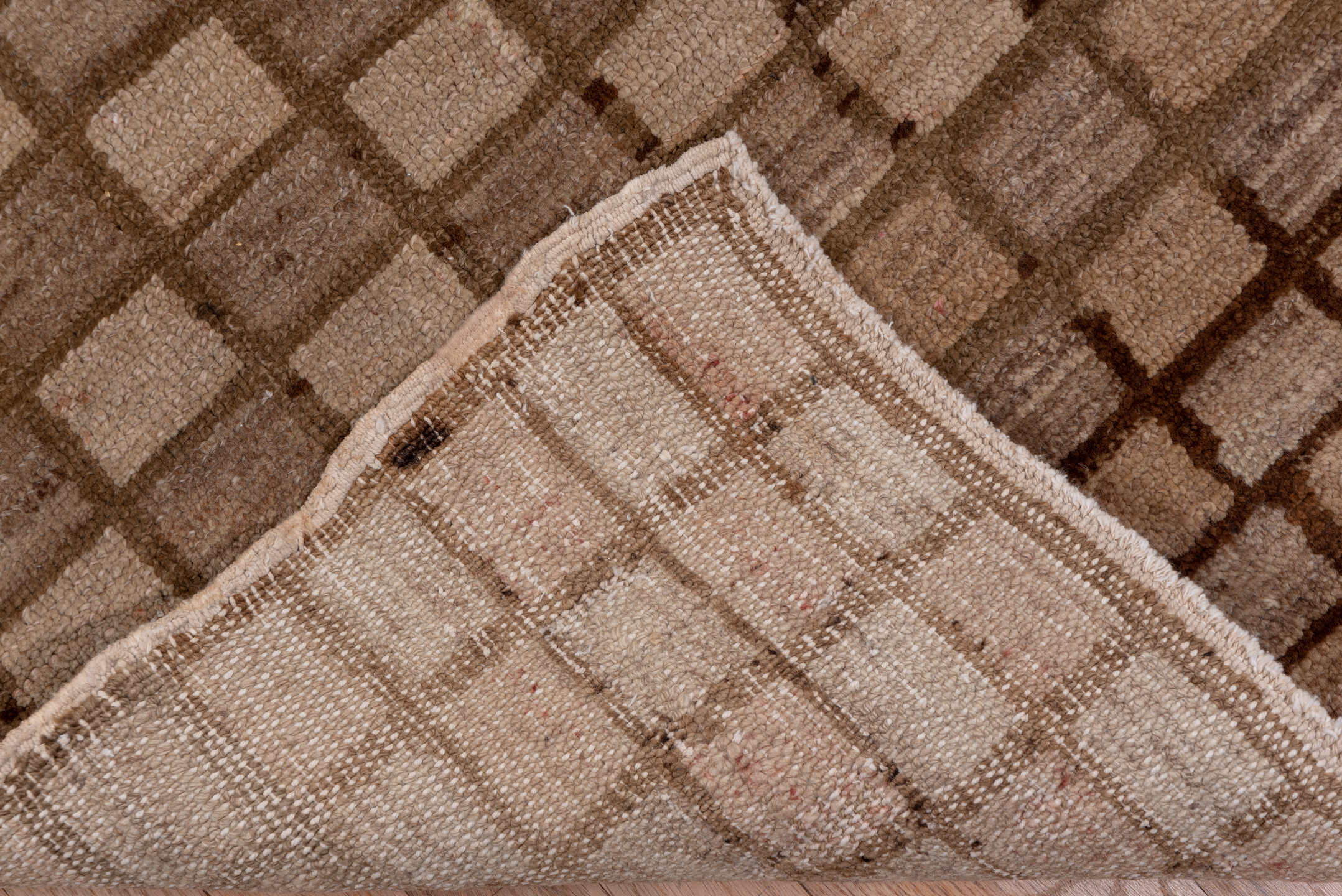 6' x 11' one-of-a-kind handmade vintage Oushak large size rug. Color palette: taupe, brown, camel, beige, gray