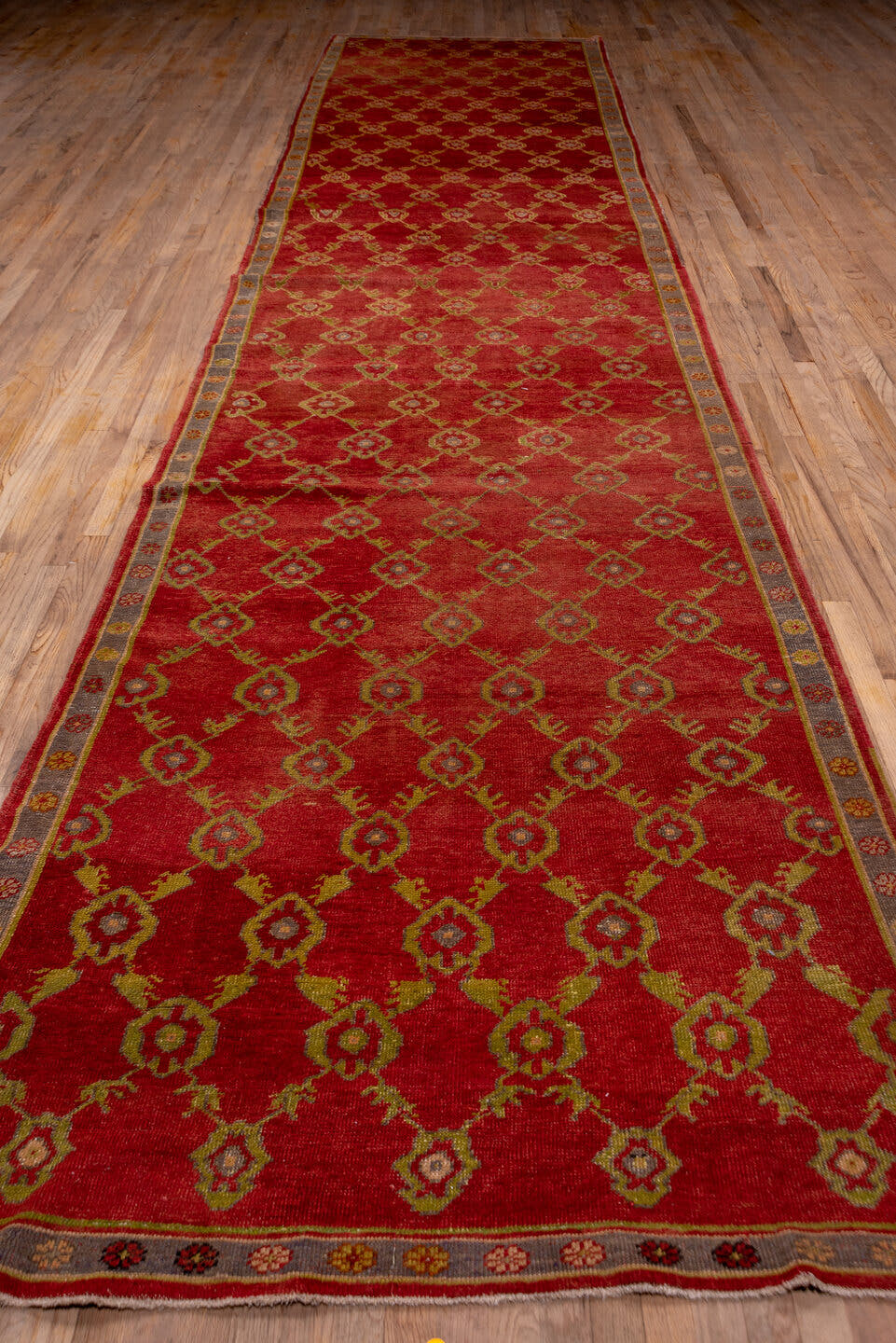 4' x 21' one-of-a-kind handmade vintage Oushak runner rug. Color palette: rust, terra cotta, sage, gold, slate, rose