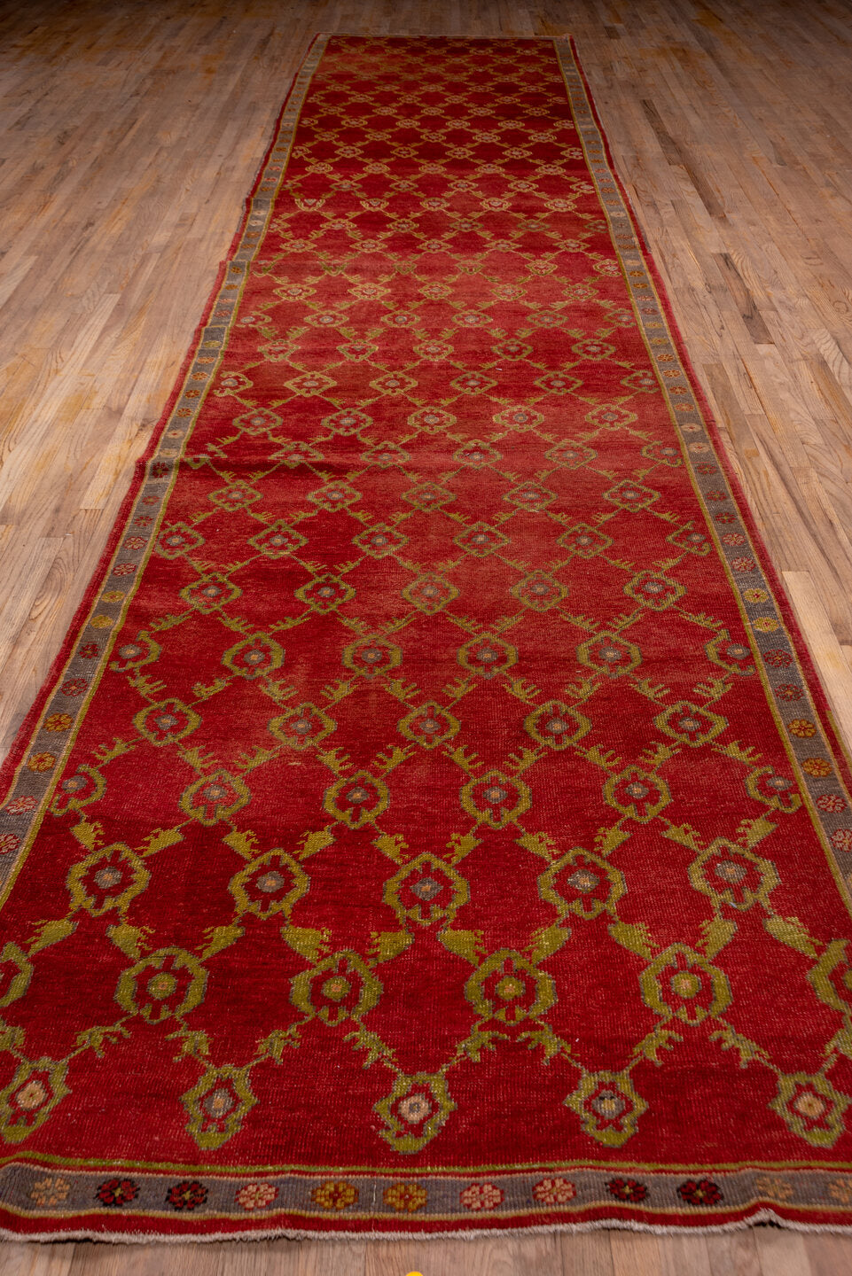 4' x 21' one-of-a-kind handmade vintage Oushak runner rug. Color palette: brown, off-white, pink, red, snow, white