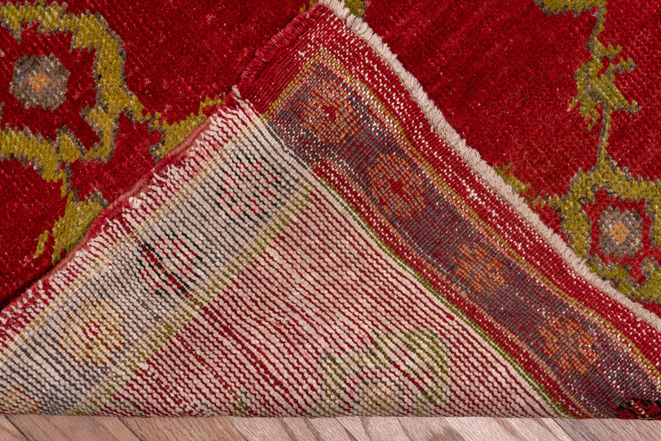 4' x 21' one-of-a-kind handmade vintage Oushak runner rug. Color palette: brown, off-white, pink, red, snow, white