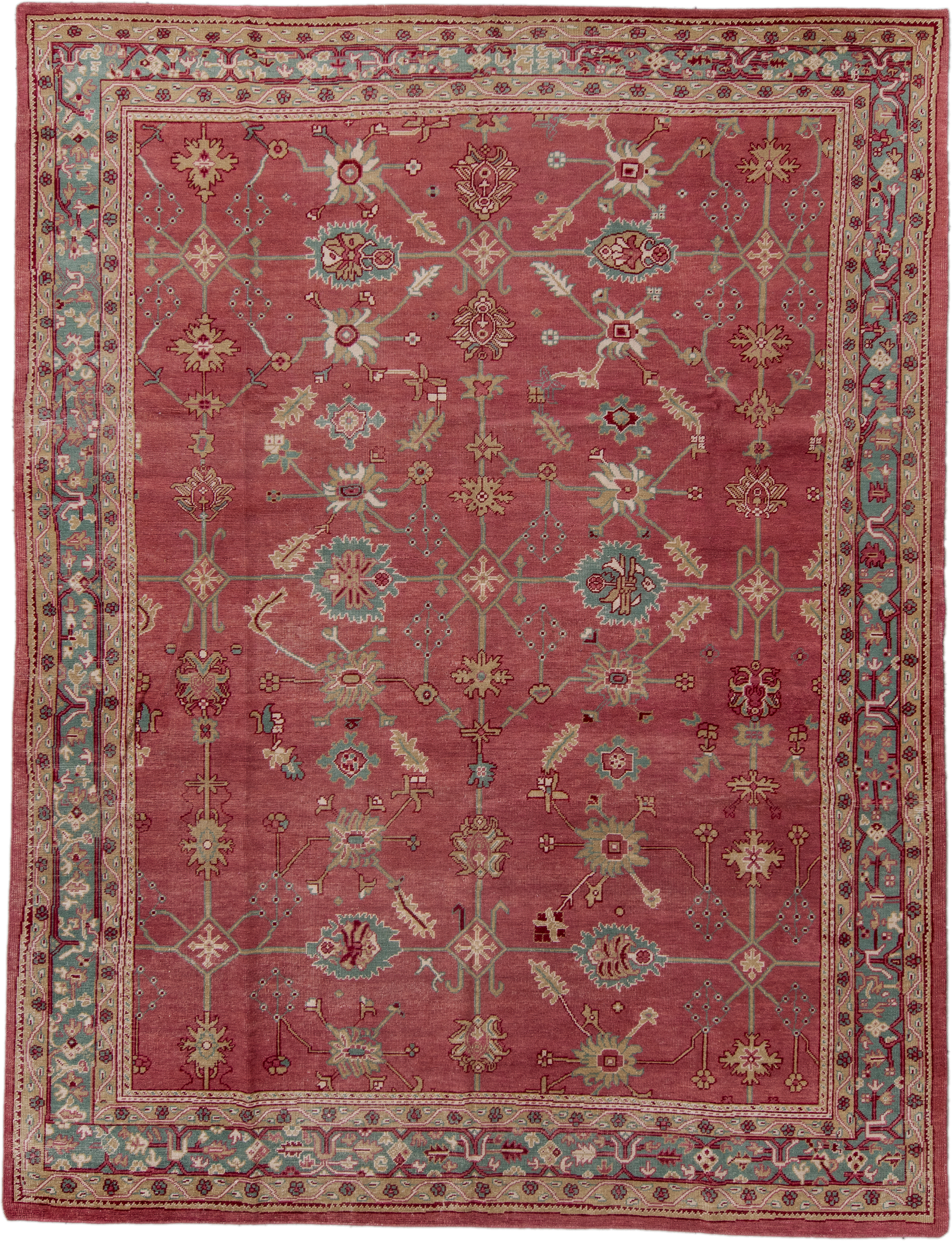 9' x 12' one-of-a-kind handmade vintage Oushak large size rug. Color palette: rose, aqua, ivory, sage, taupe, burgundy, pink