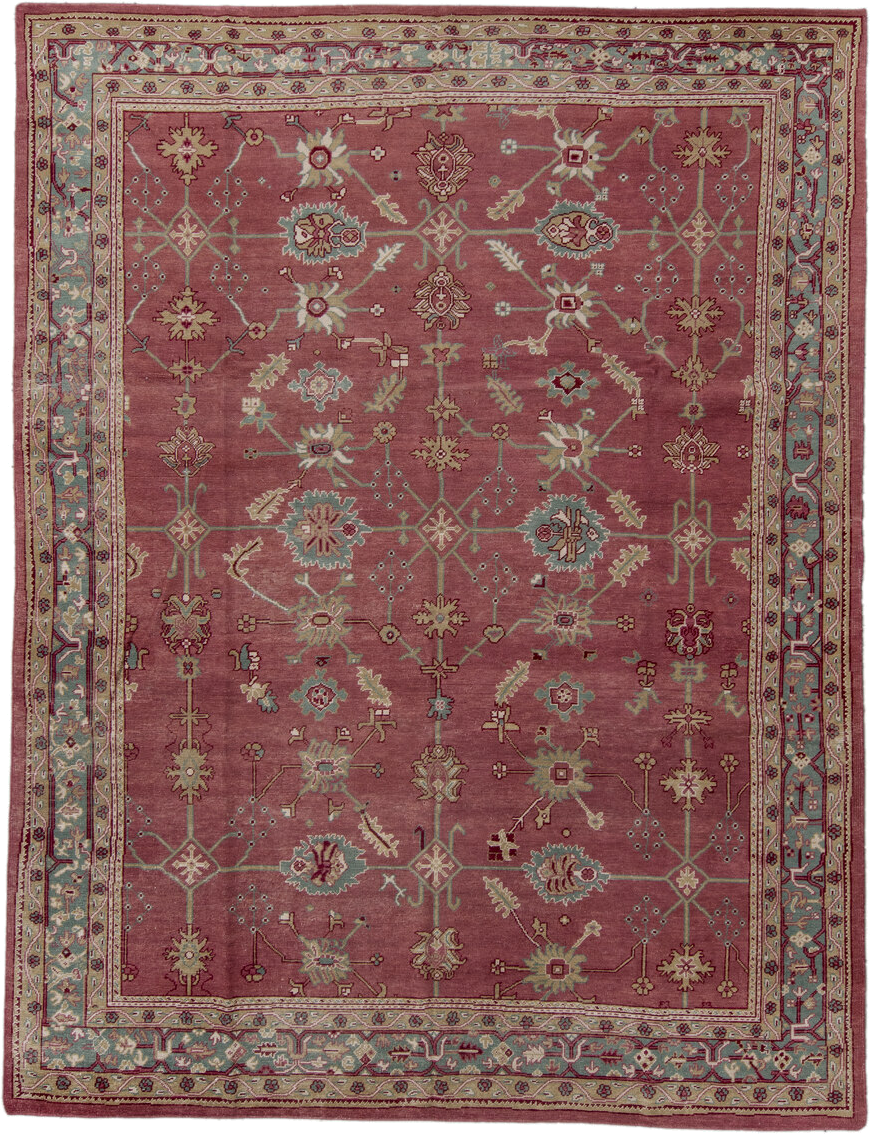 9' x 12' one-of-a-kind handmade vintage Oushak large size rug. Color palette: rose, aqua, ivory, sage, taupe, burgundy, pink
