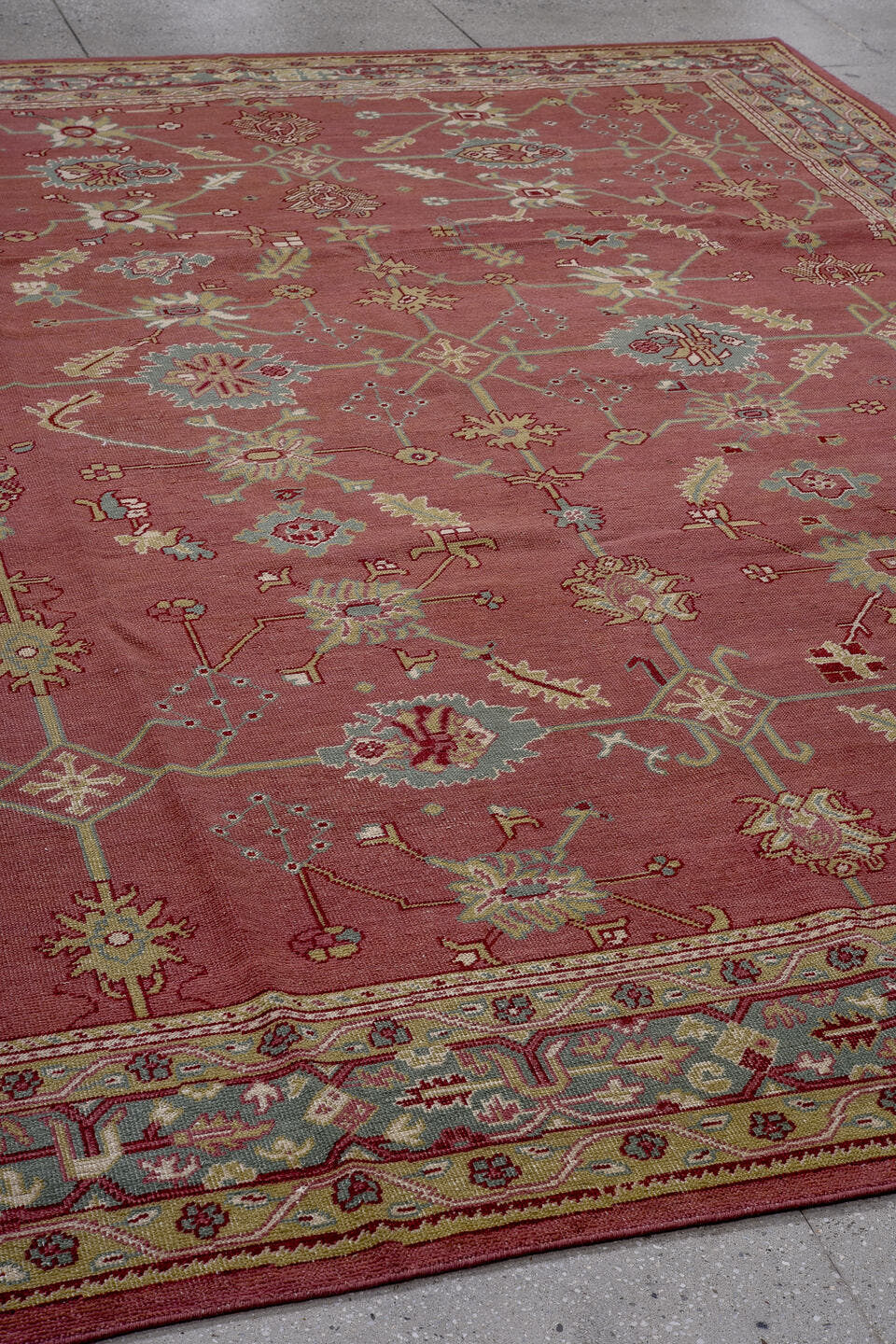 9' x 12' one-of-a-kind handmade vintage Oushak large size rug. Color palette: rose, aqua, ivory, sage, taupe, burgundy, pink