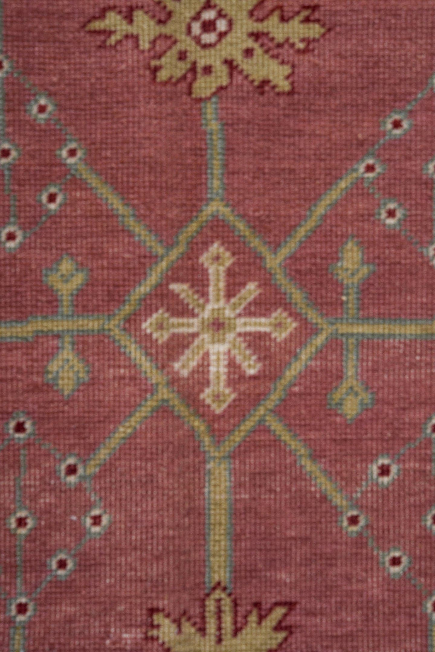 9' x 12' one-of-a-kind handmade vintage Oushak large size rug. Color palette: rose, aqua, ivory, sage, taupe, burgundy, pink