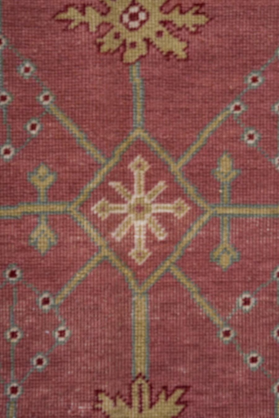 9' x 12' one-of-a-kind handmade vintage Oushak large size rug. Color palette: rose, aqua, ivory, sage, taupe, burgundy, pink