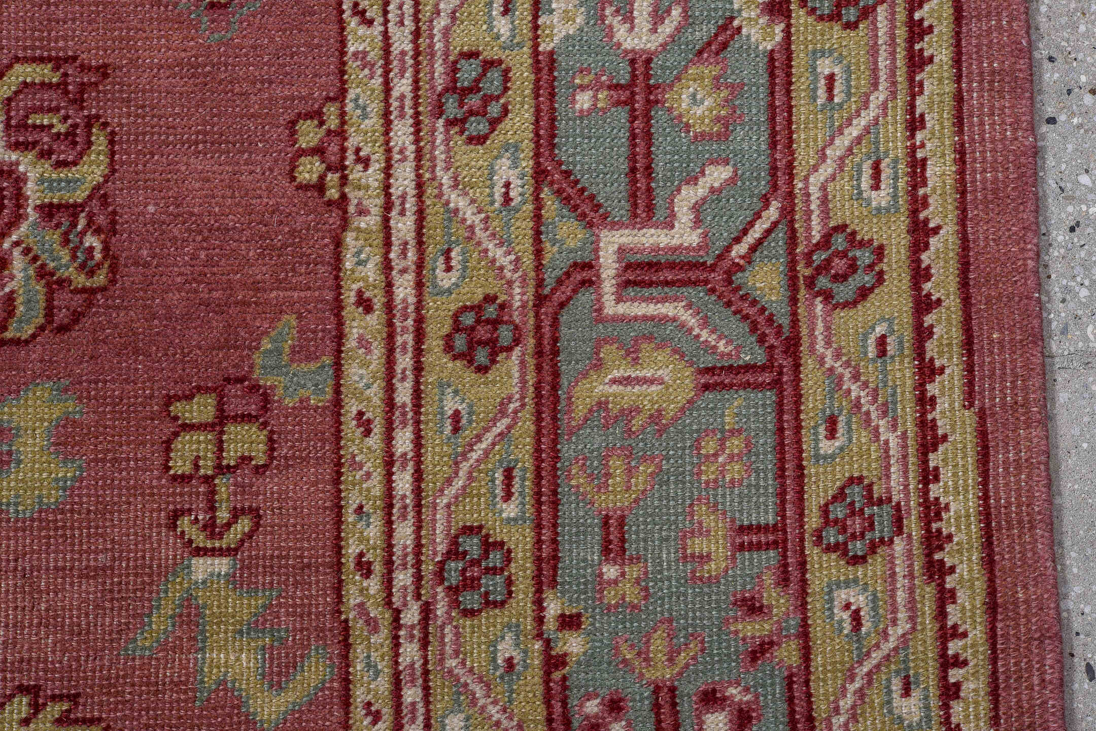 9' x 12' one-of-a-kind handmade vintage Oushak large size rug. Color palette: rose, aqua, ivory, sage, taupe, burgundy, pink