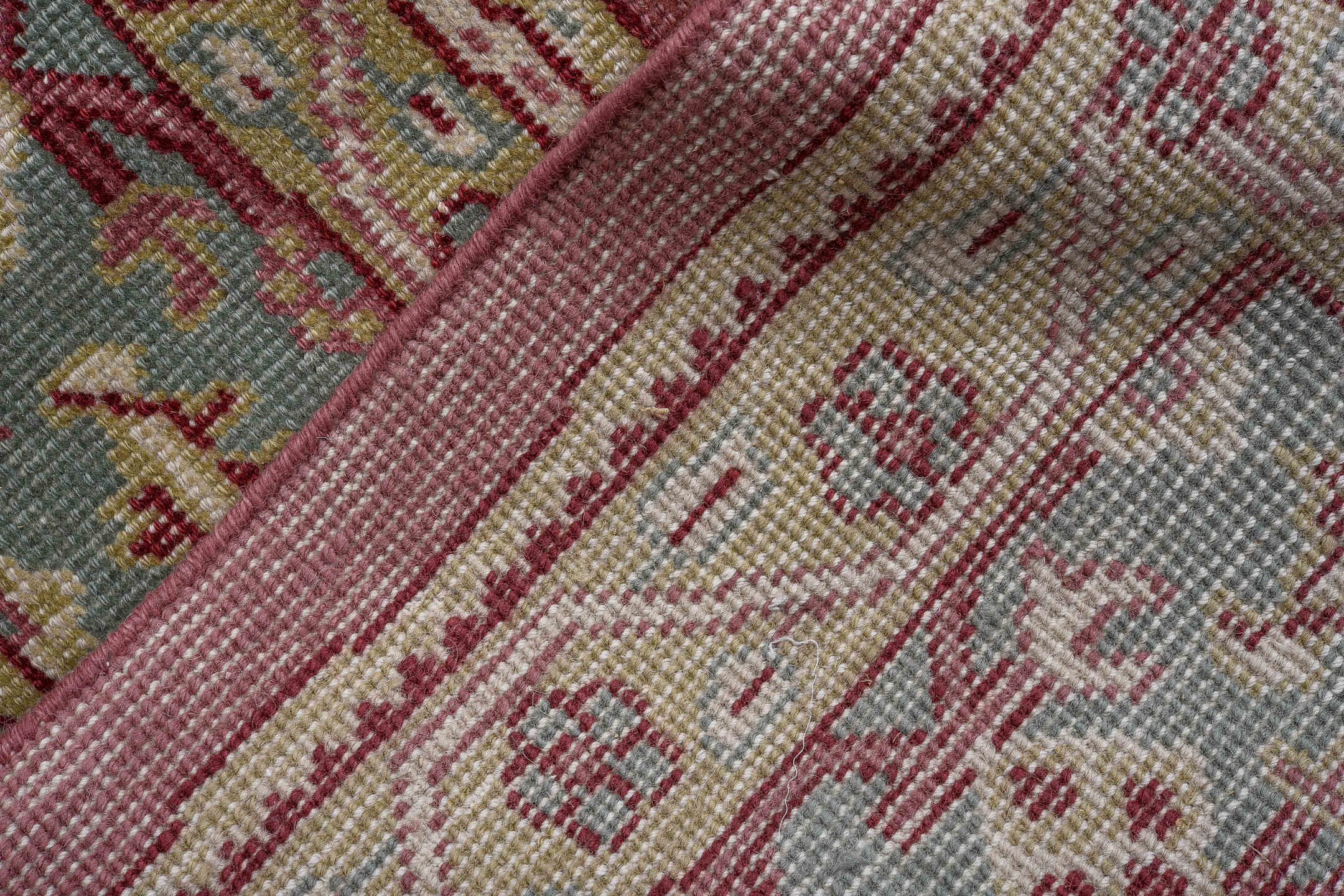 9' x 12' one-of-a-kind handmade vintage Oushak large size rug. Color palette: rose, aqua, ivory, sage, taupe, burgundy, pink