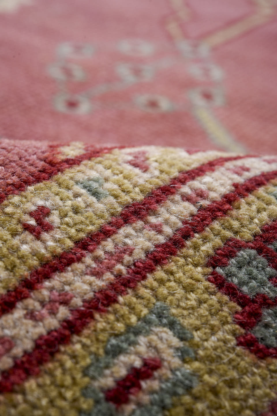 9' x 12' one-of-a-kind handmade vintage Oushak large size rug. Color palette: rose, aqua, ivory, sage, taupe, burgundy, pink
