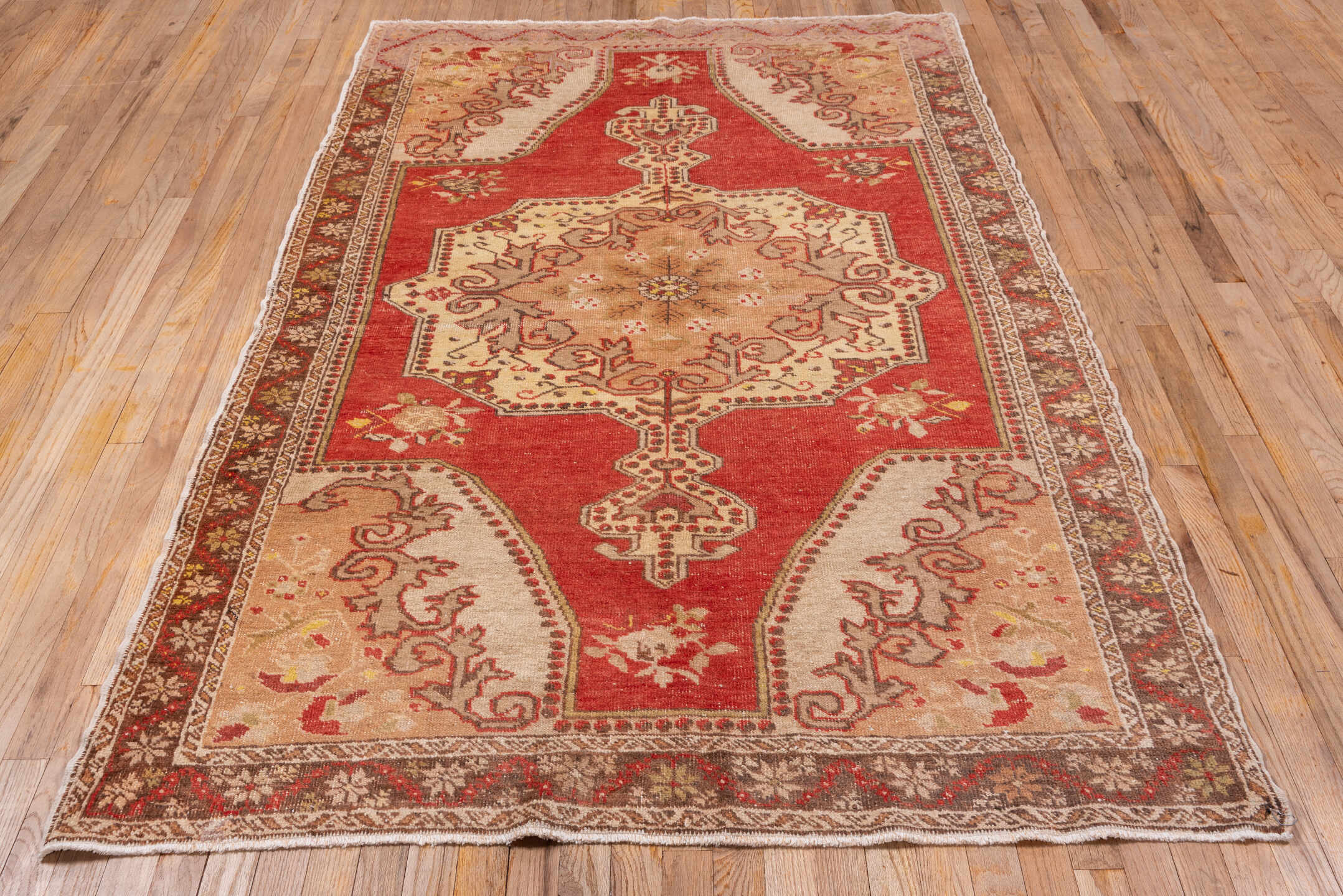 4' x 7' one-of-a-kind handmade vintage Oushak rug. Color palette: coral, ivory, taupe, brown, rose, sage, gold, terracotta