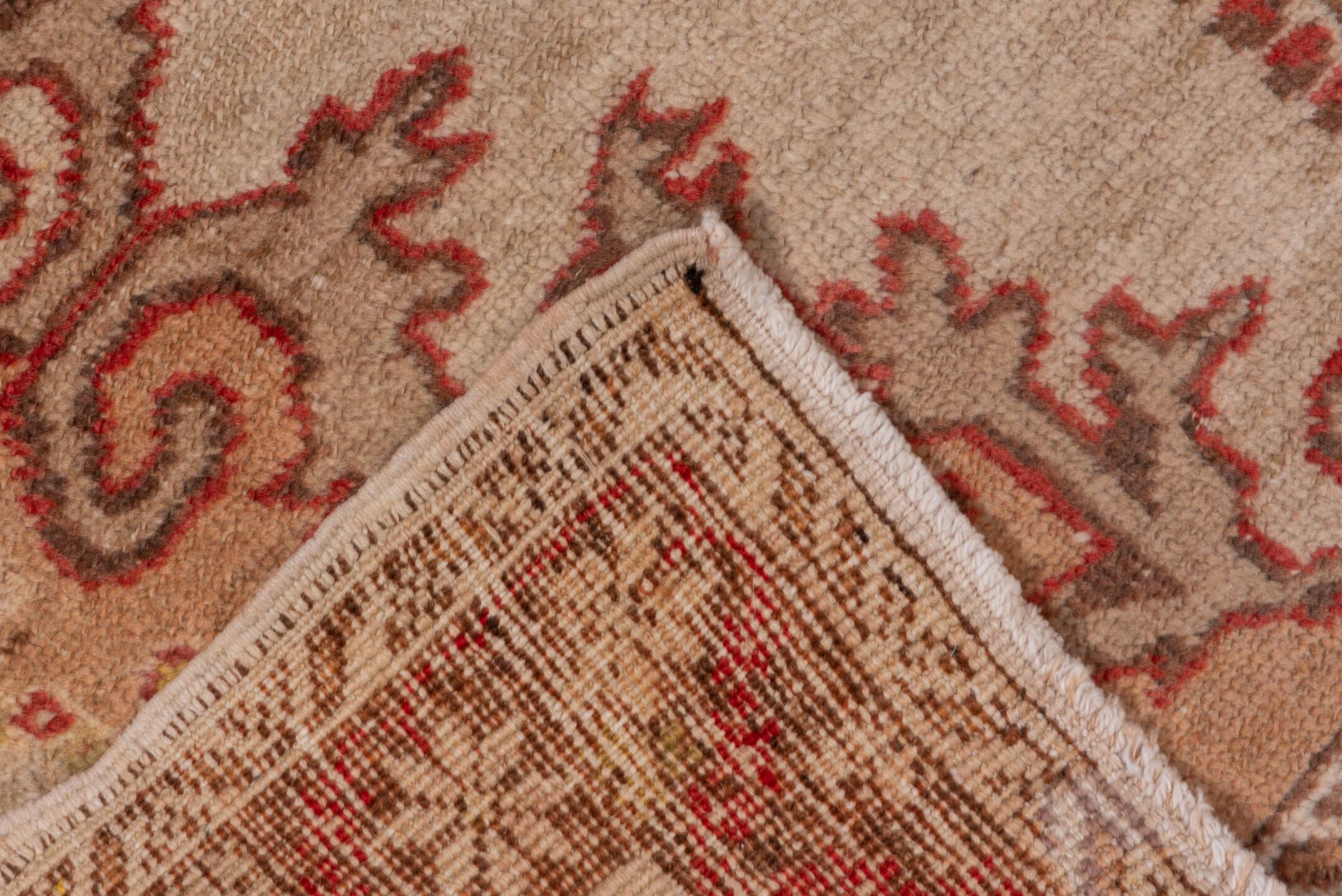 4' x 7' one-of-a-kind handmade vintage Oushak rug. Color palette: coral, ivory, taupe, brown, rose, sage, gold, terracotta