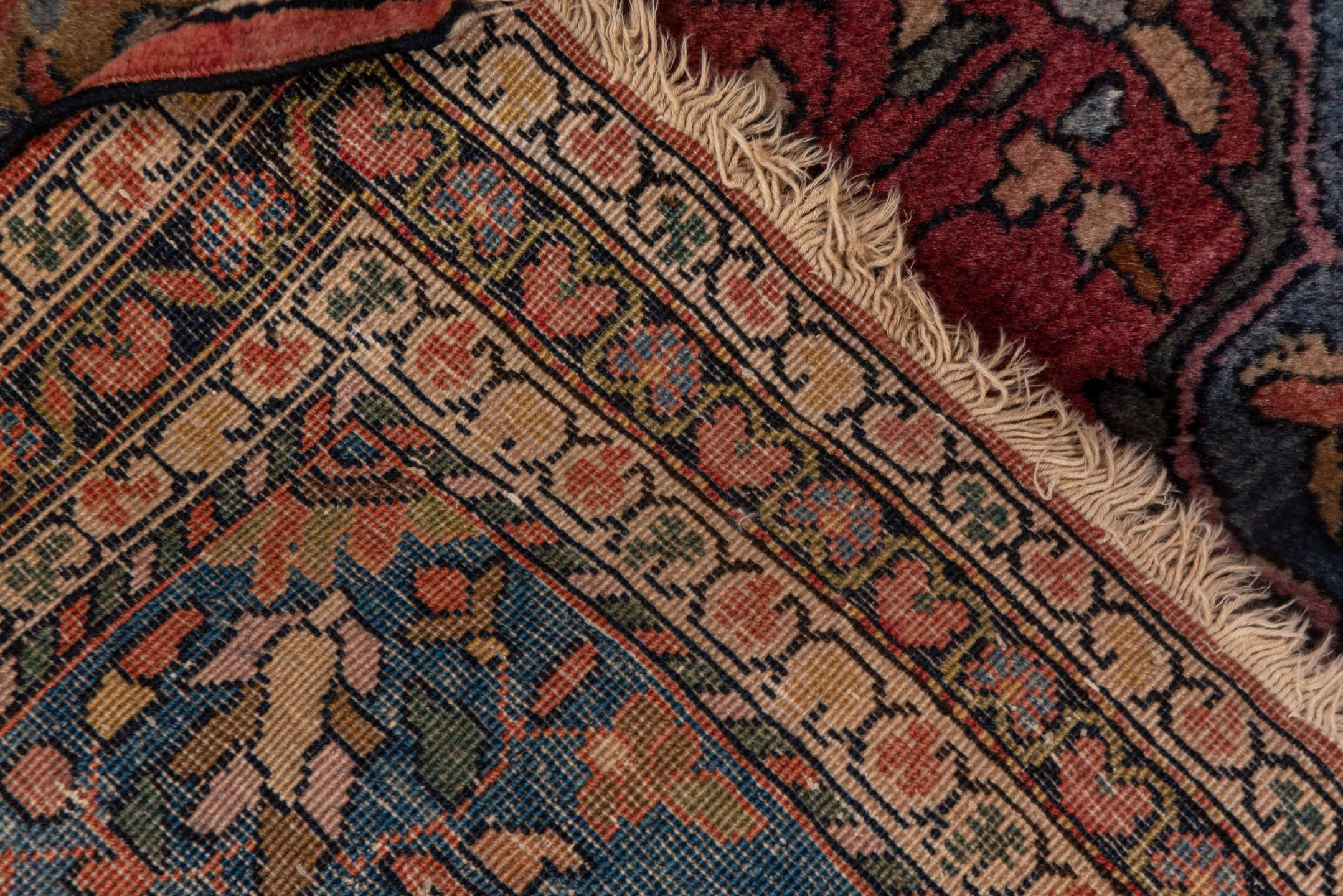 1' x 2' one-of-a-kind handmade vintage Far.Sarouk small size rug. Color palette: rust, ivory, navy, rose, charcoal, taupe