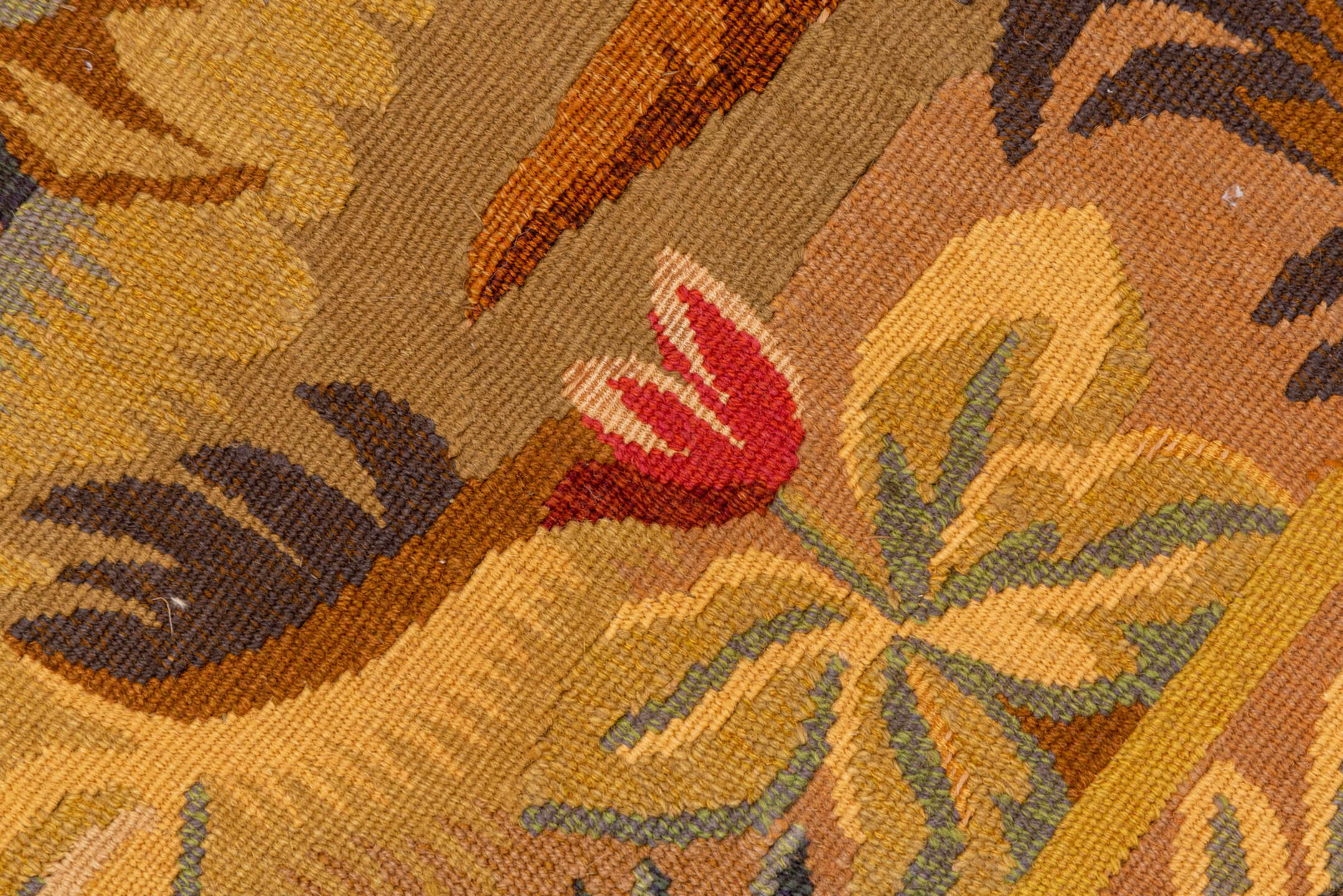 4' x 5' one-of-a-kind handmade vintage Tapestry small size rug. Color palette: beige, gold, sage, slate, brown, rose
