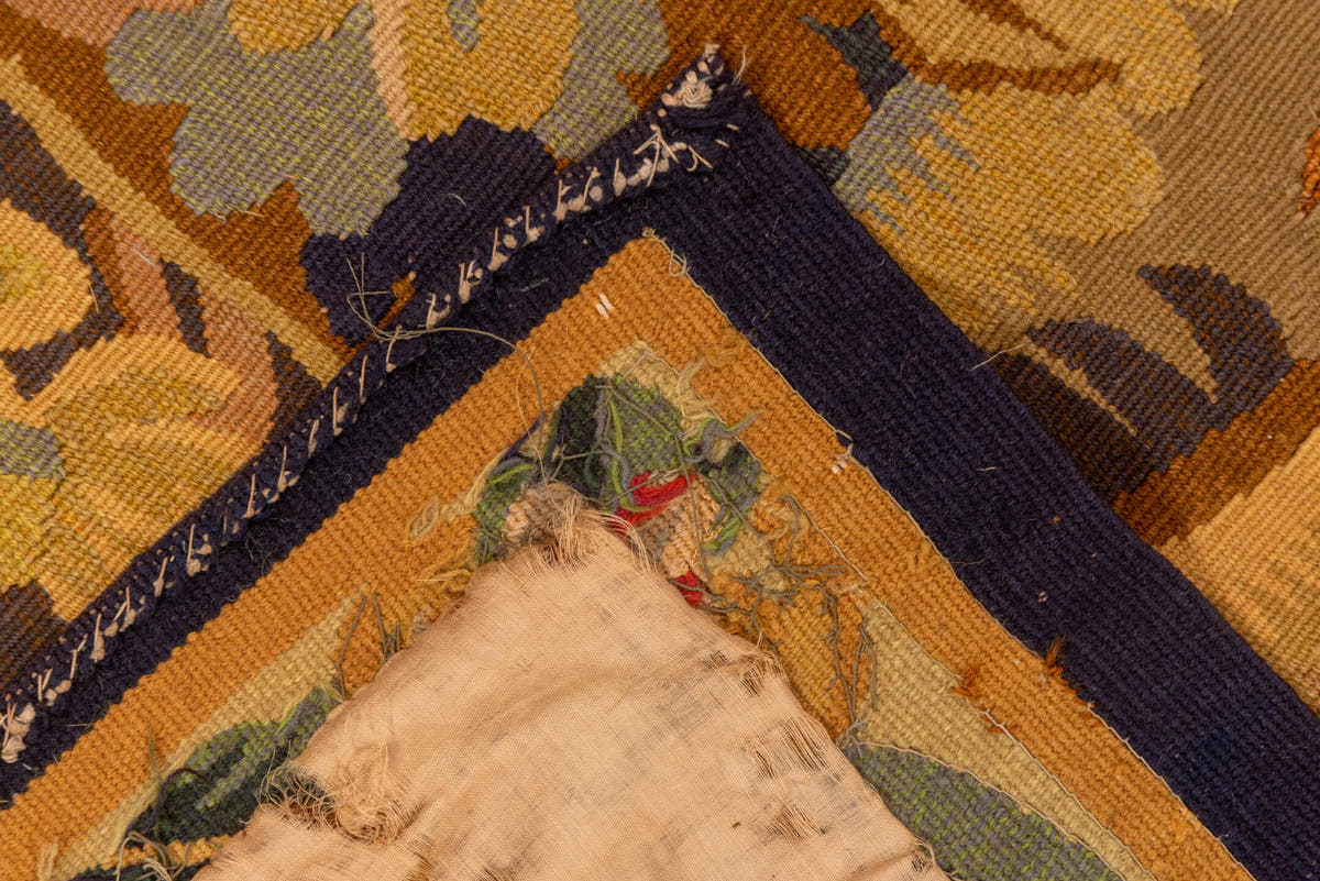 4' x 5' one-of-a-kind handmade vintage Tapestry small size rug. Color palette: beige, gold, sage, slate, brown, rose