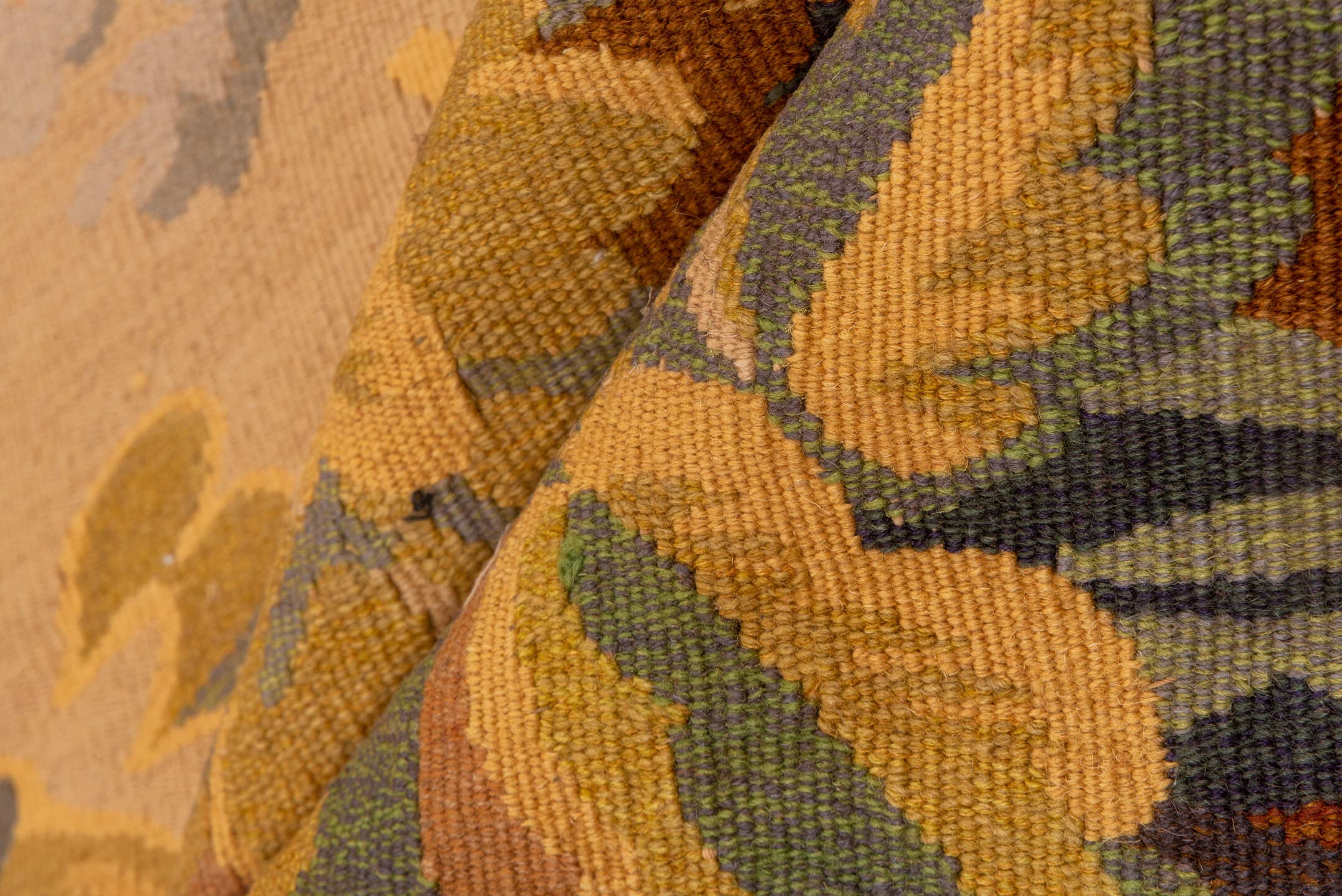 4' x 5' one-of-a-kind handmade vintage Tapestry small size rug. Color palette: beige, gold, sage, slate, brown, rose