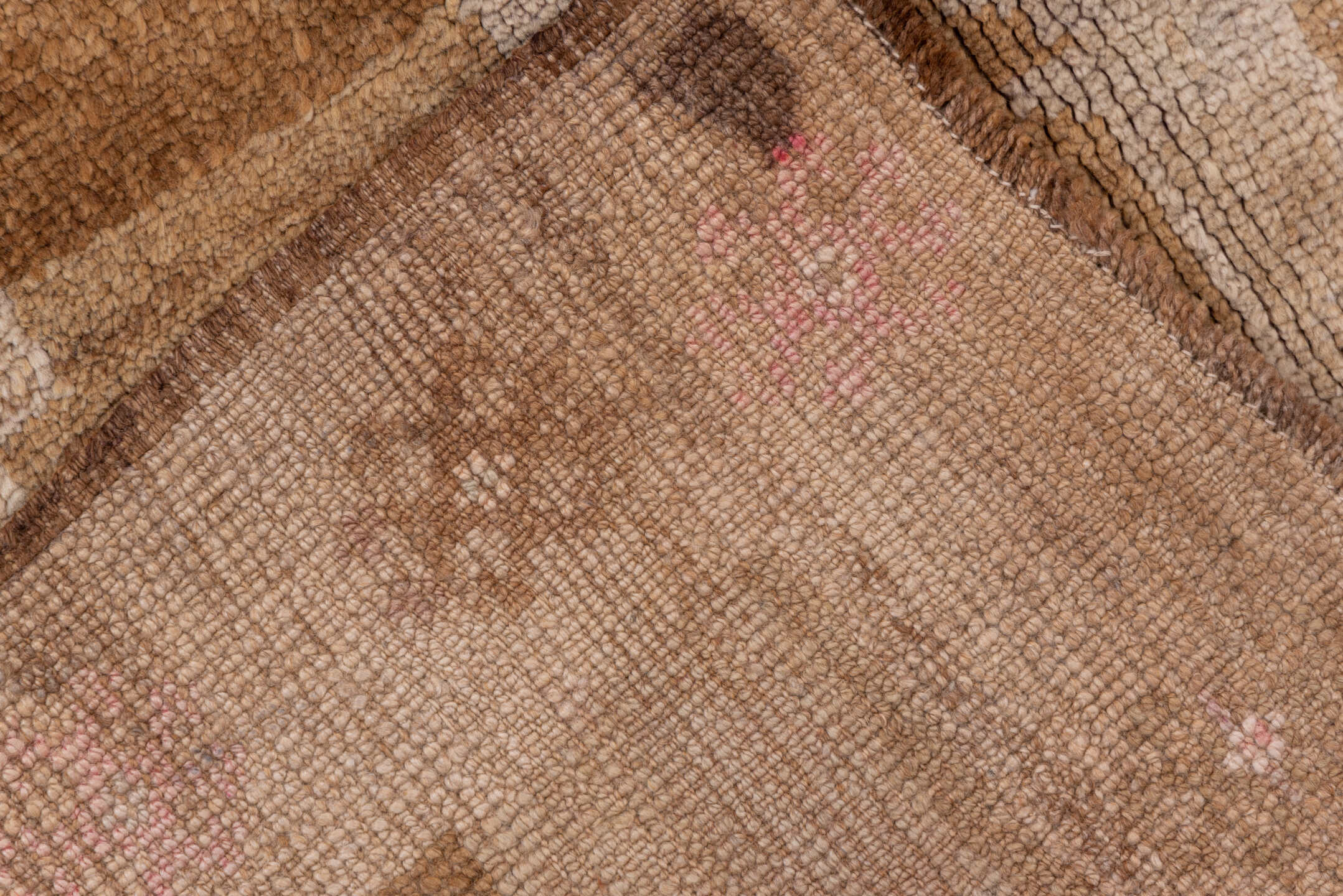 6' x 14' one-of-a-kind handmade vintage Oushak large size rug. Color palette: camel, taupe, ivory, beige, sand, light brown
