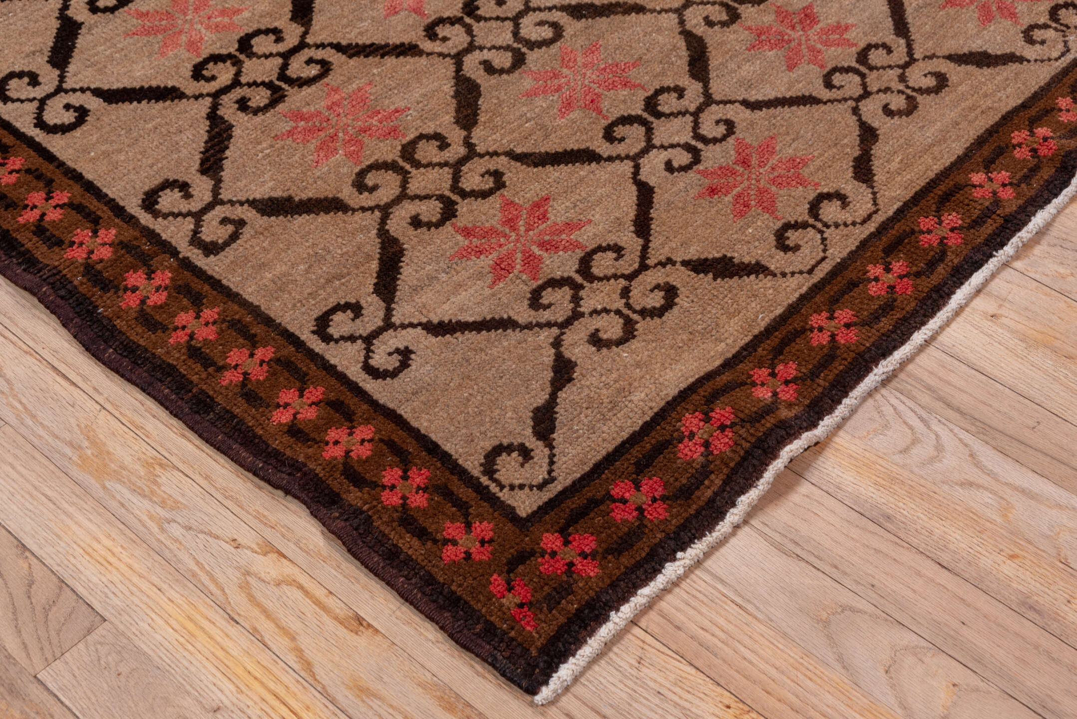 6' x 9' one-of-a-kind handmade vintage Kars medium size rug. Color palette: brown, pink