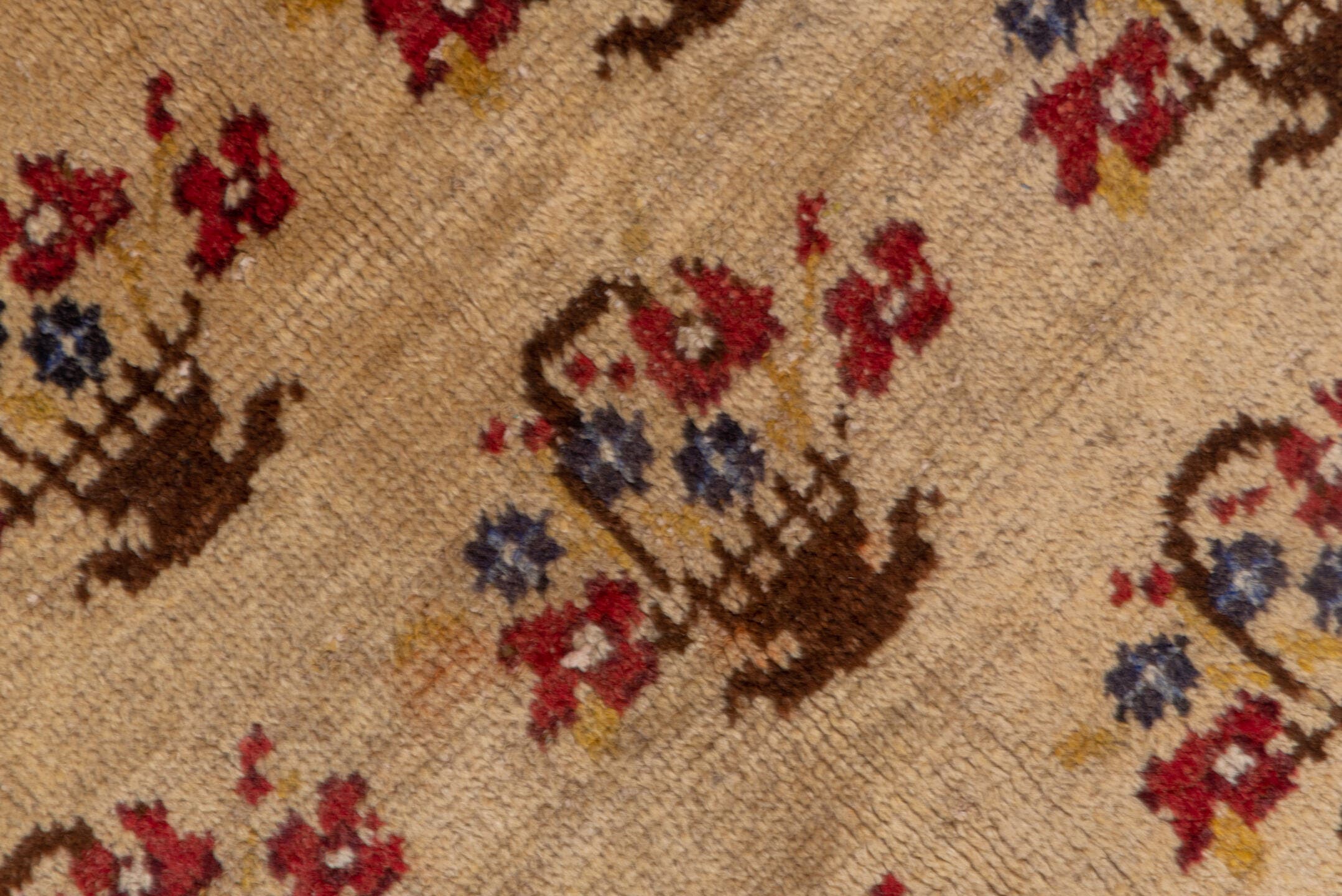 5' x 10' one-of-a-kind handmade vintage Konya medium size rug. Color palette: camel, brown, rust, indigo, ivory, beige