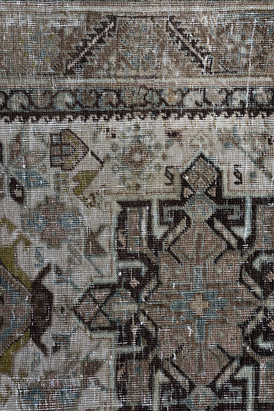 3' x 14' one-of-a-kind handmade vintage Heriz runner rug. Color palette: black, dark gray, dim gray, gray, light gray