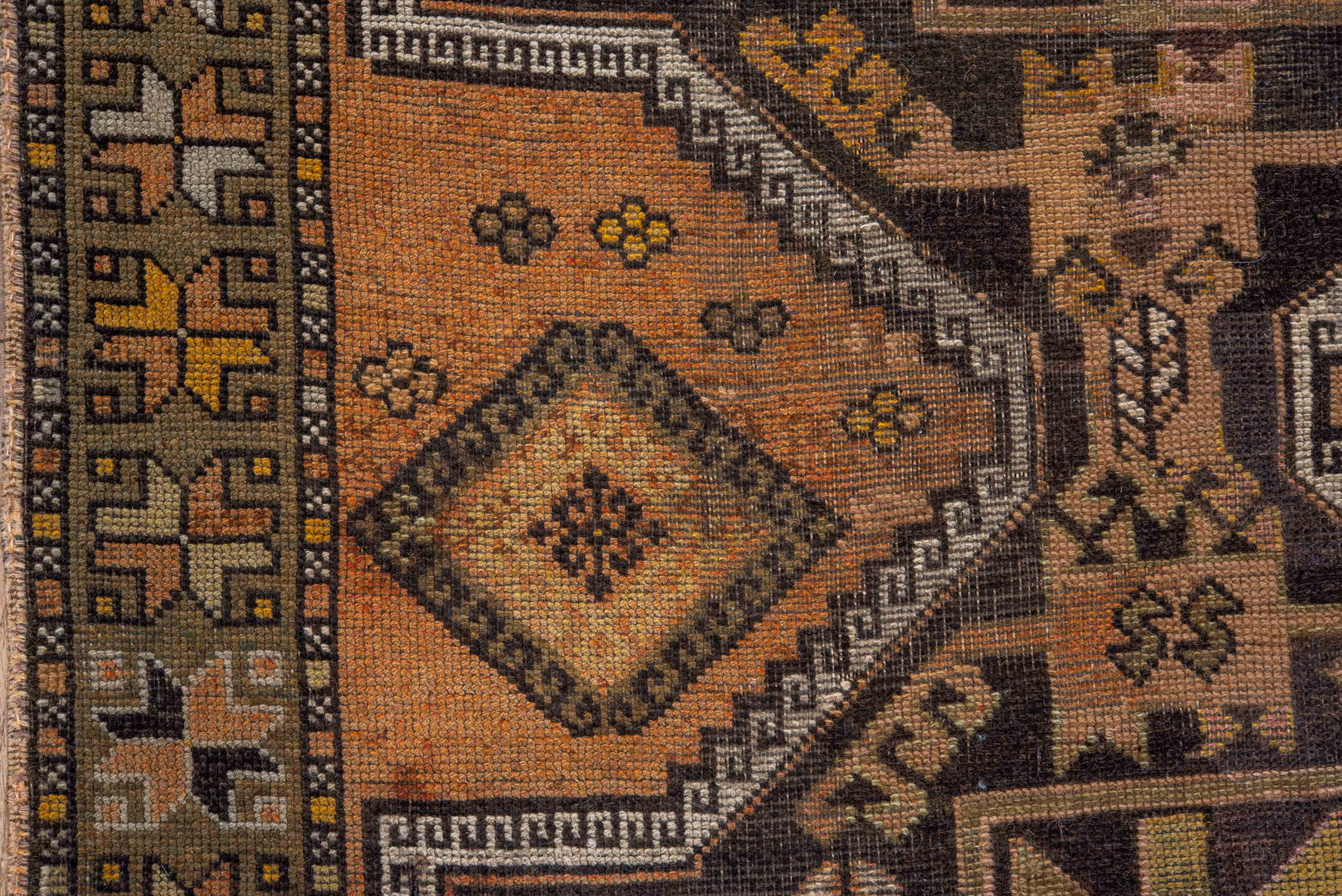3' x 9' one-of-a-kind handmade antique Oushak runner rug. Color palette: camel, brown, taupe, ivory, gold, charcoal, beige