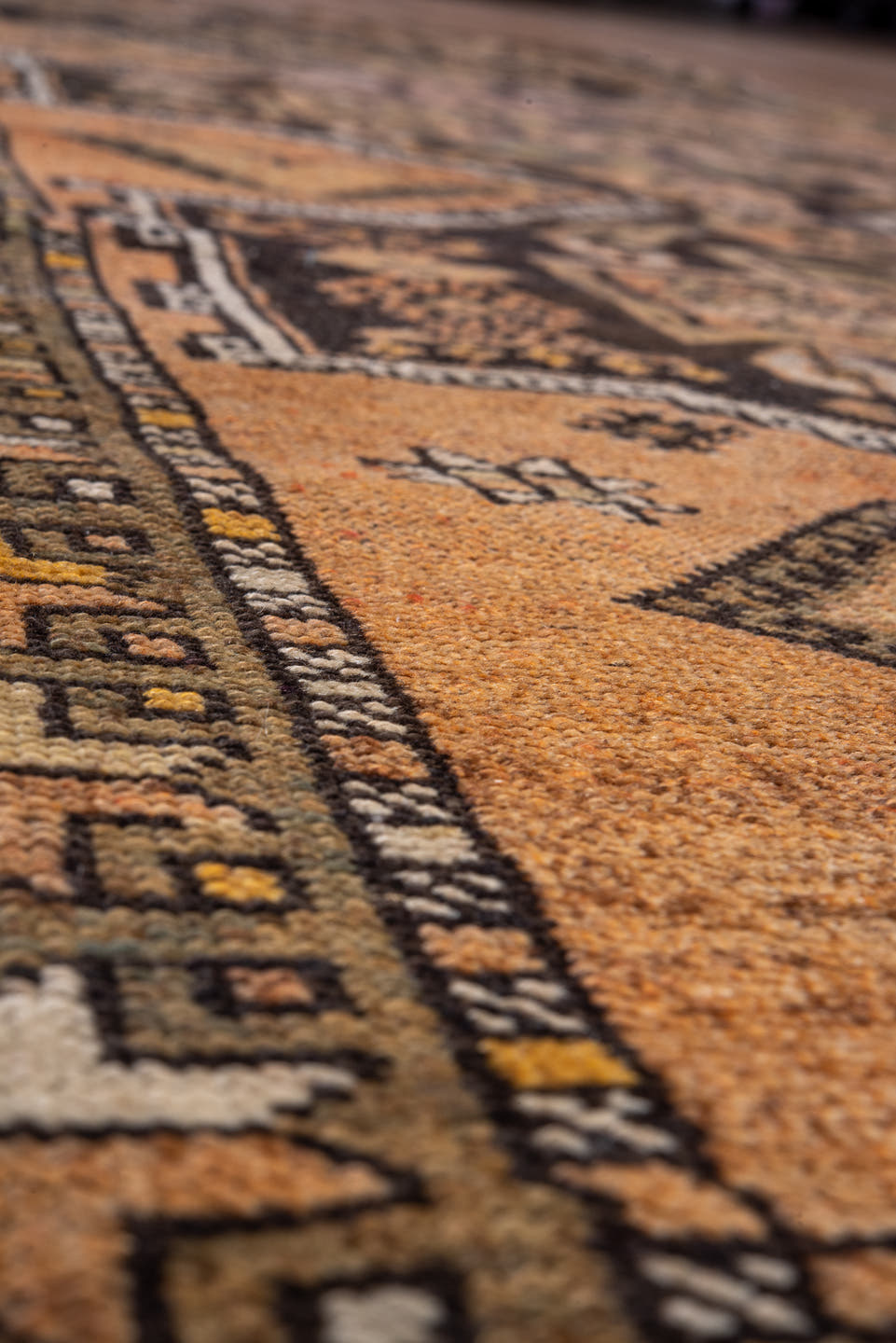 3' x 9' one-of-a-kind handmade antique Oushak runner rug. Color palette: camel, brown, taupe, ivory, gold, charcoal, beige