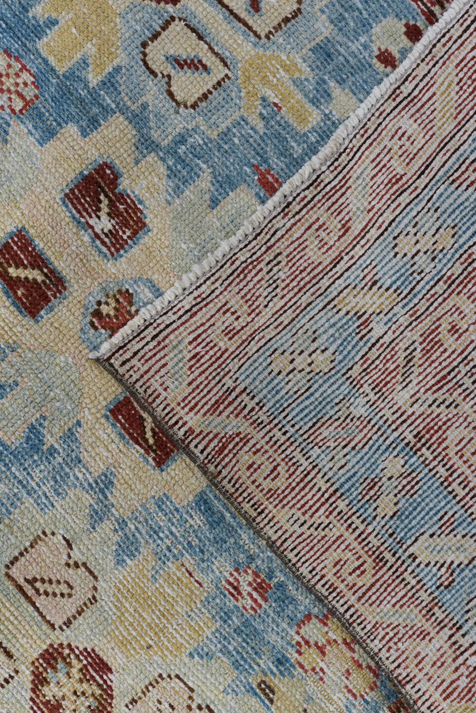 3' x 10' one-of-a-kind handmade antique Heriz runner rug. Color palette: sky blue, rust, ivory, brick, pale blue, cream
