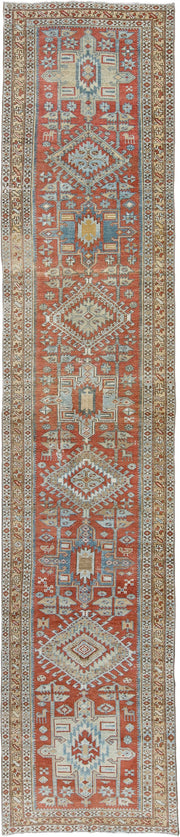 3' x 14' one-of-a-kind handmade antique Heriz runner rug. Color palette: terra cotta, ivory, sky blue, camel, slate, rust
