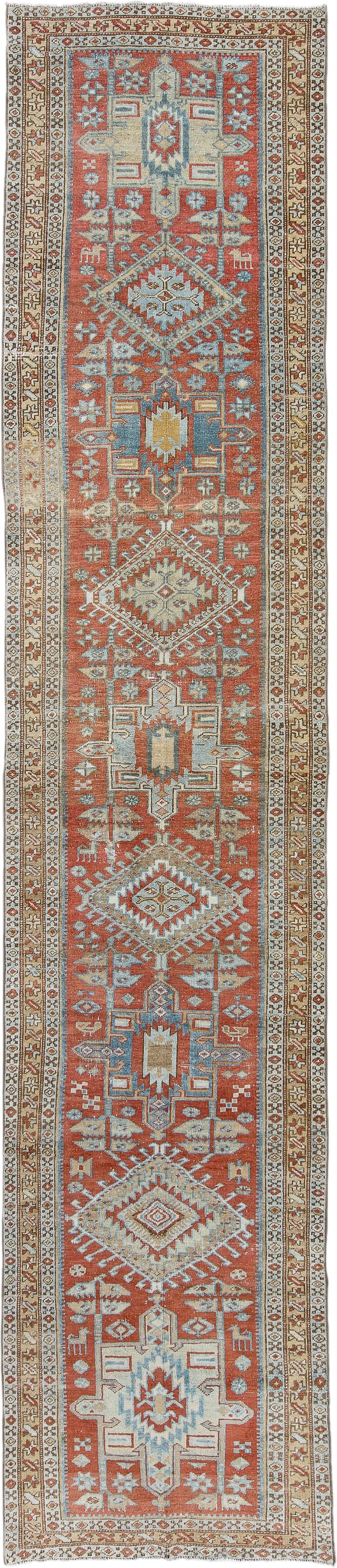 3' x 14' one-of-a-kind handmade antique Heriz runner rug. Color palette: terra cotta, ivory, sky blue, camel, slate, rust