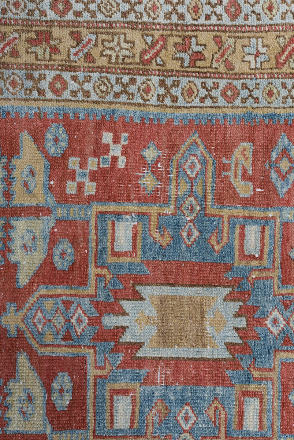 3' x 14' one-of-a-kind handmade antique Heriz runner rug. Color palette: terra cotta, ivory, sky blue, camel, slate, rust