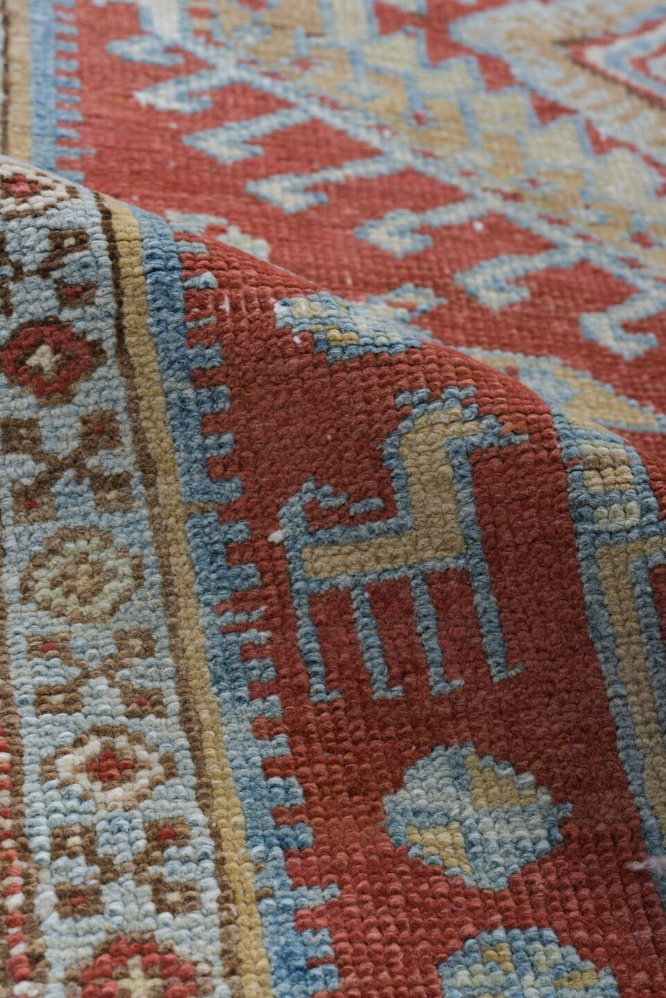 3' x 14' one-of-a-kind handmade antique Heriz runner rug. Color palette: terra cotta, ivory, sky blue, camel, slate, rust