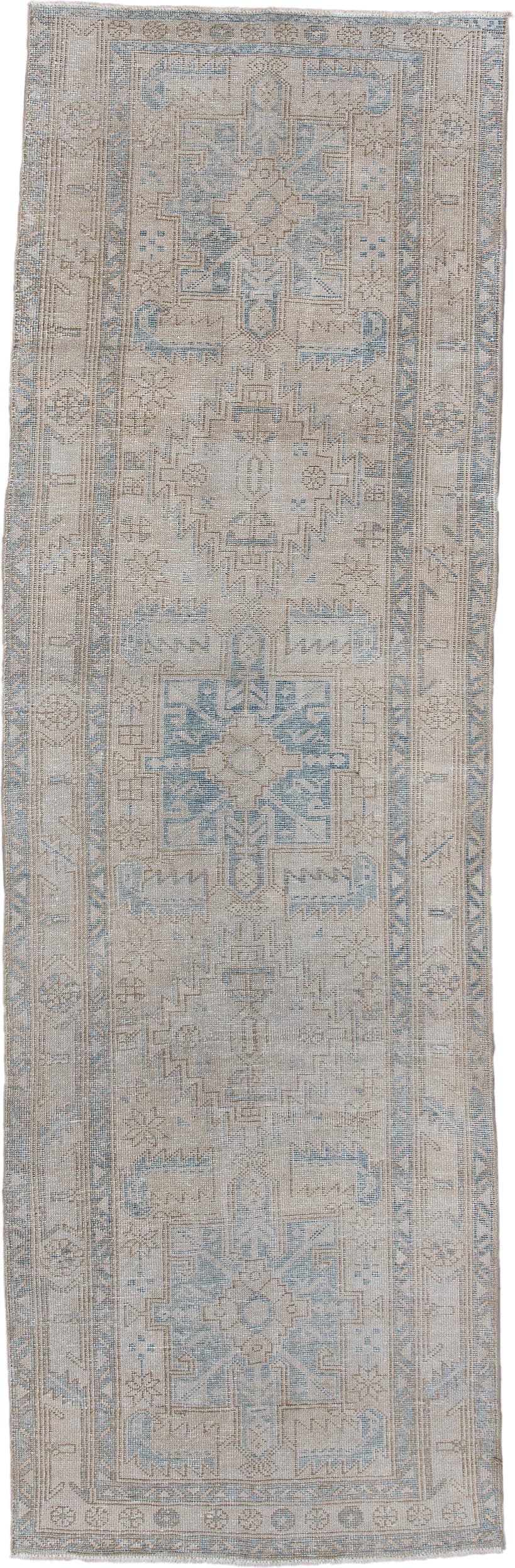 3' x 10' one-of-a-kind handmade antique Sarab runner rug. Color palette: ivory, pale blue, taupe, beige, camel, light blue