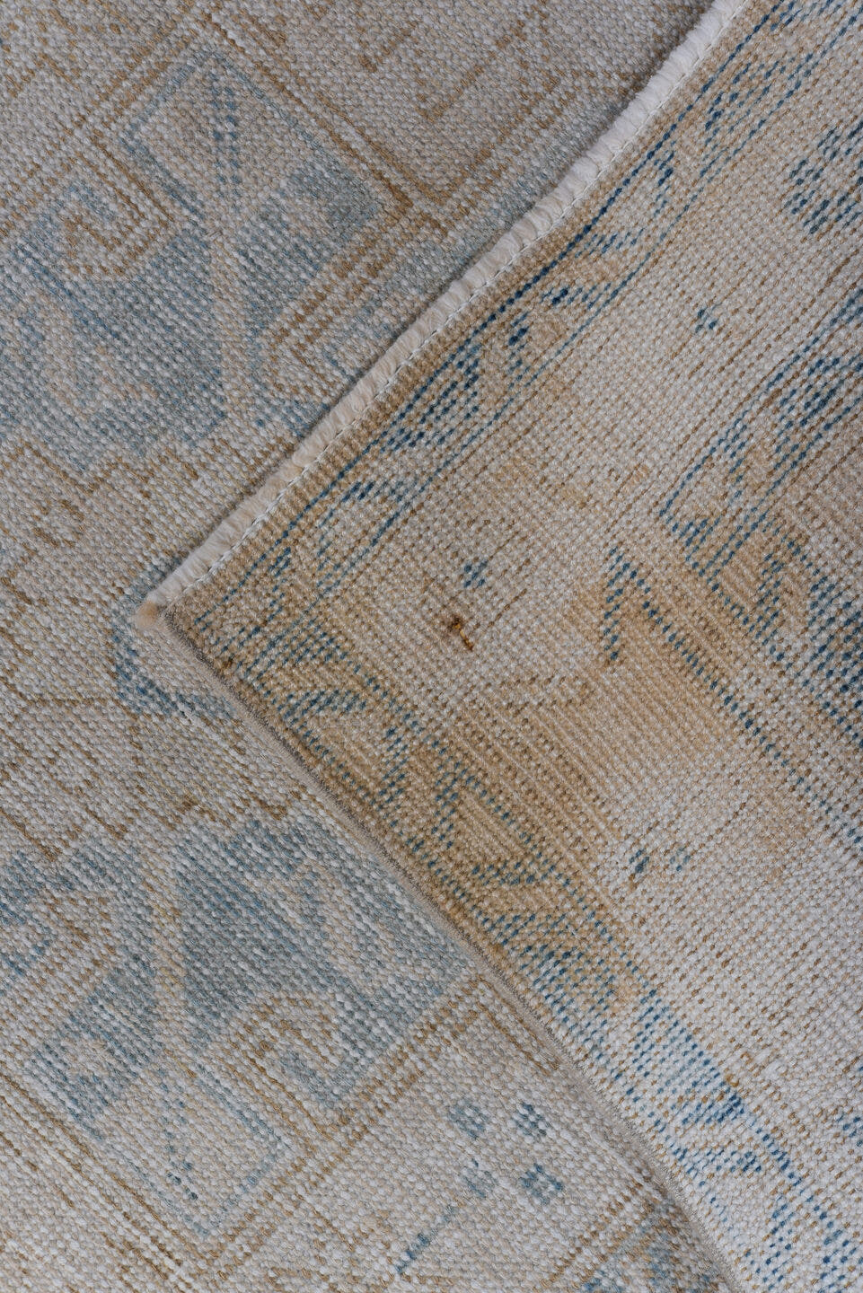 3' x 10' one-of-a-kind handmade antique Sarab runner rug. Color palette: ivory, pale blue, taupe, beige, camel, light blue